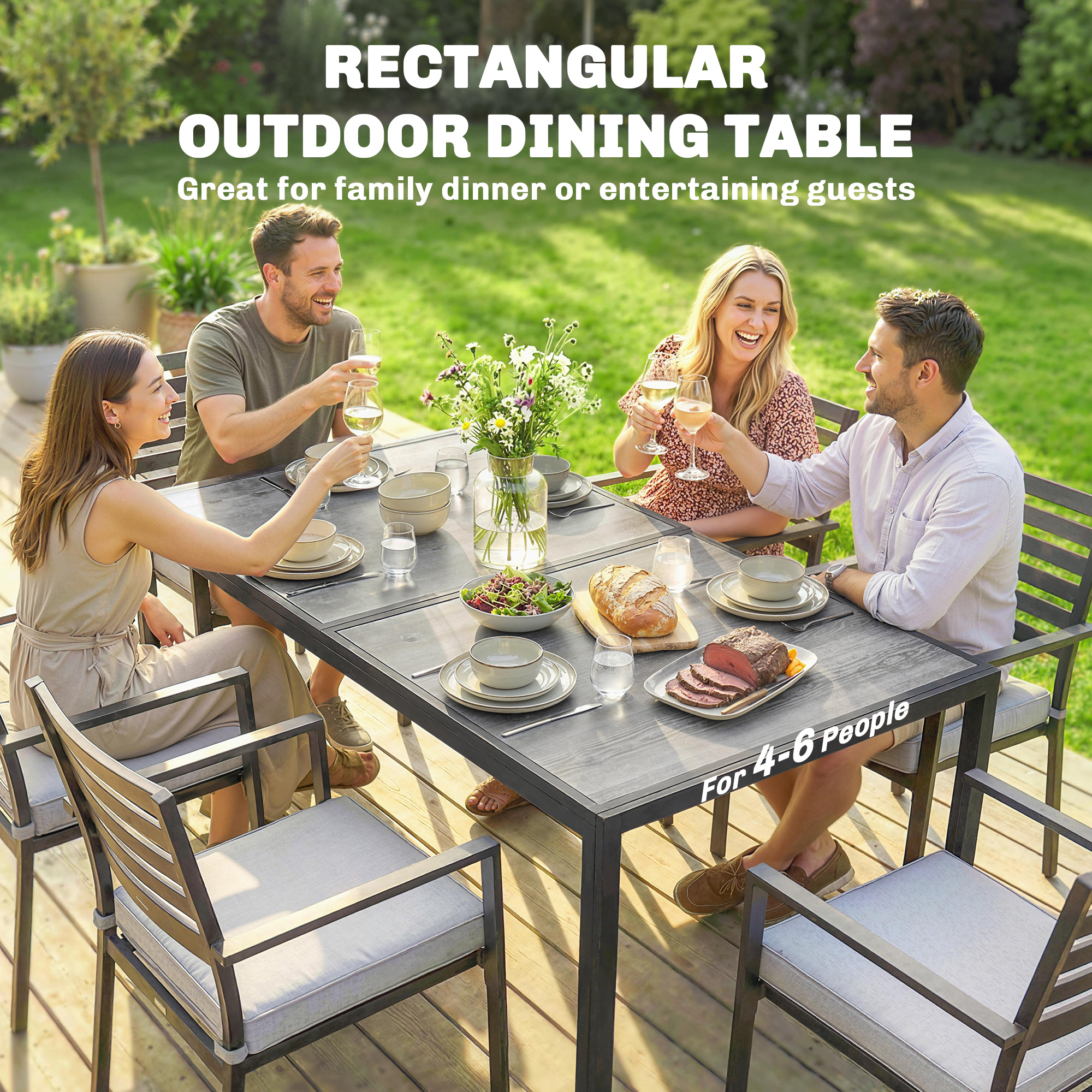 Outdoor Dining Table for 4-6, 59" Outdoor Patio Table with Metal Legs, Wood-Effect Top, Grey - Image 2