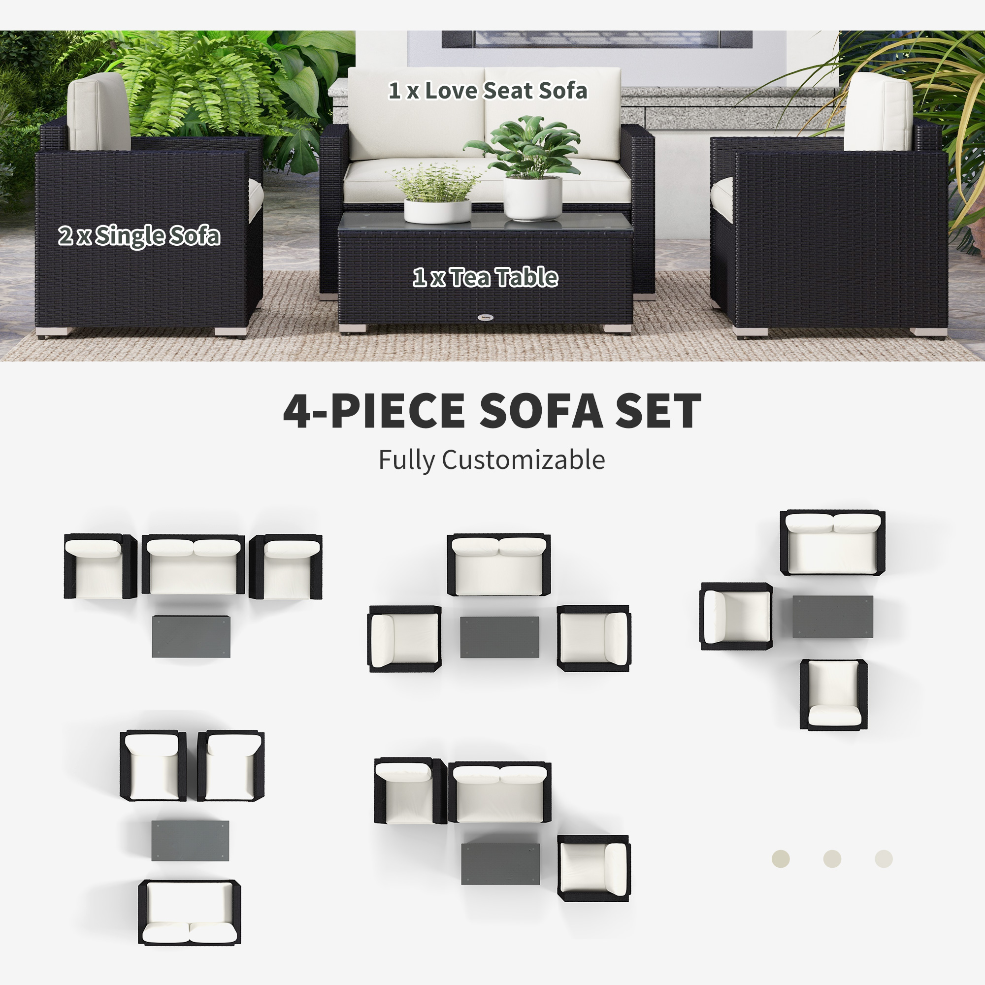 Outdoor Furniture with Table, Wicker Furniture with Loveseat and 2 Chair for Garden, Poolside, Cream - Image 3