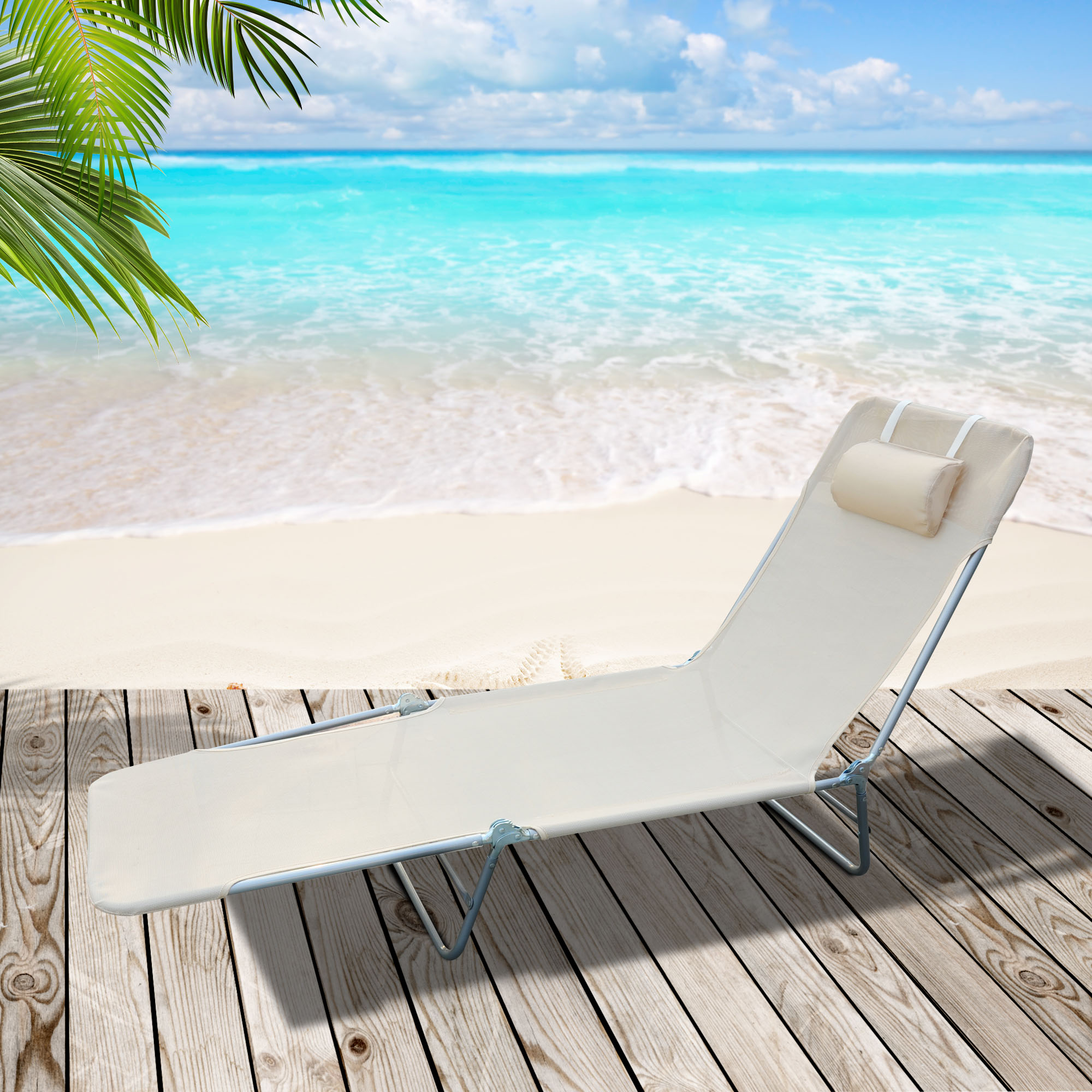 Outdoor Lounge Chair, Portable Adjustable Reclining Seat Folding Chaise Lounge Patio Camping Beach Tanning Chair Bed with Pillow, Beige - Image 5
