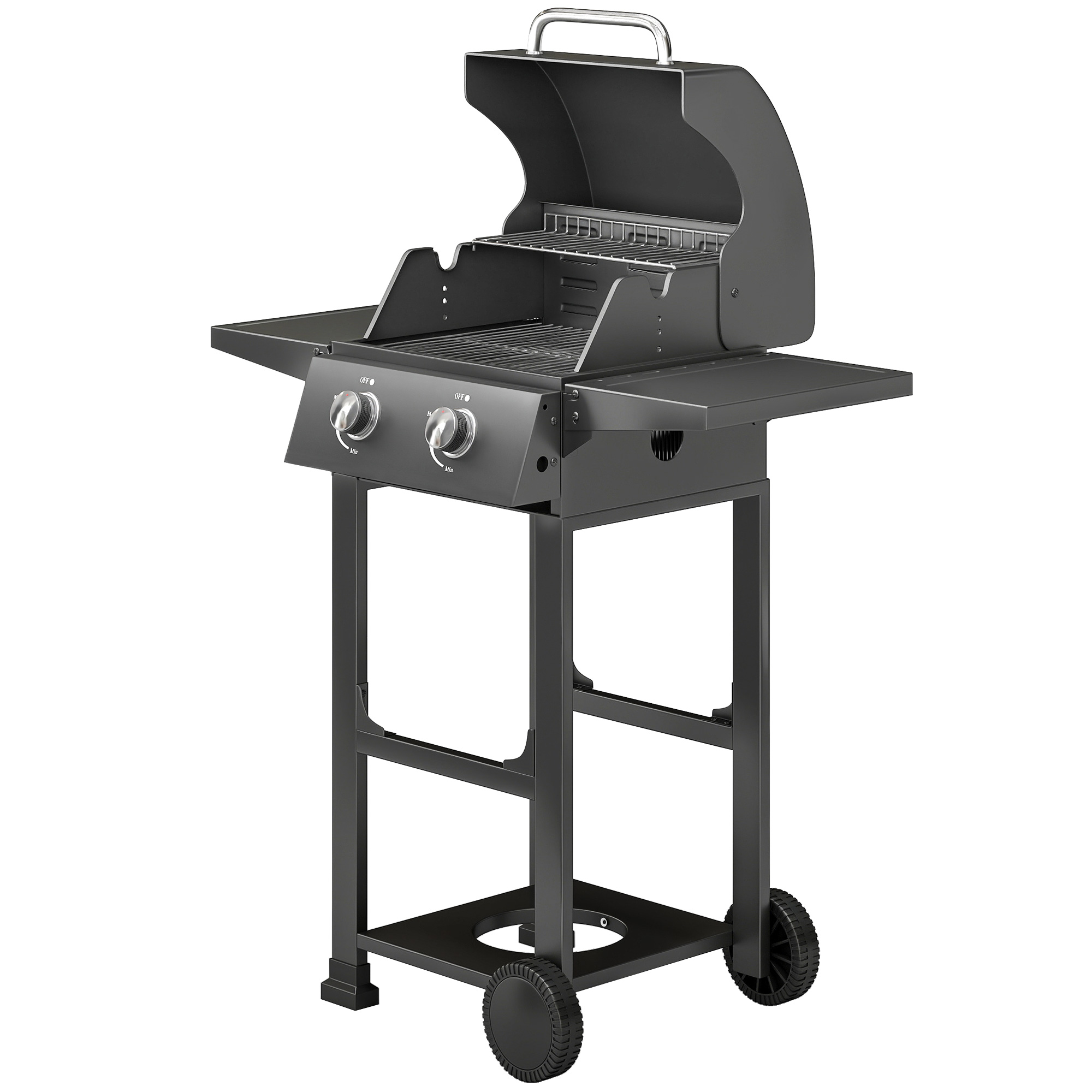 2 Burner Propane Gas Grill with Wheels, 18,400 BTU Portable BBQ Grill with Foldable Side Shelves, Warming Rack, Black