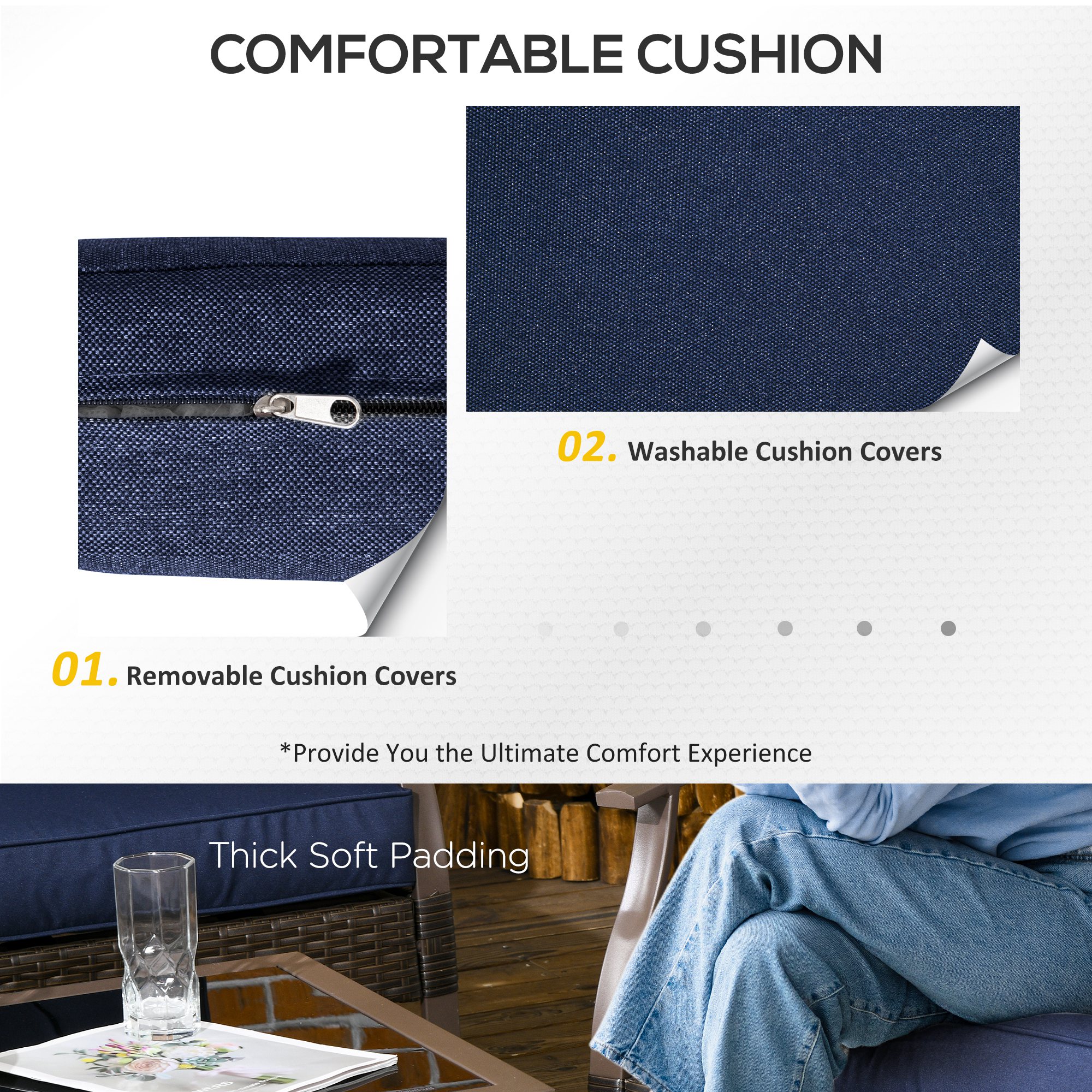 4 Pcs Wicker Sofa Set with 2 Swivel Chairs Patio Furniture Set w/ Two Tier Tea Table & Cushions, Navy Blue - Image 3