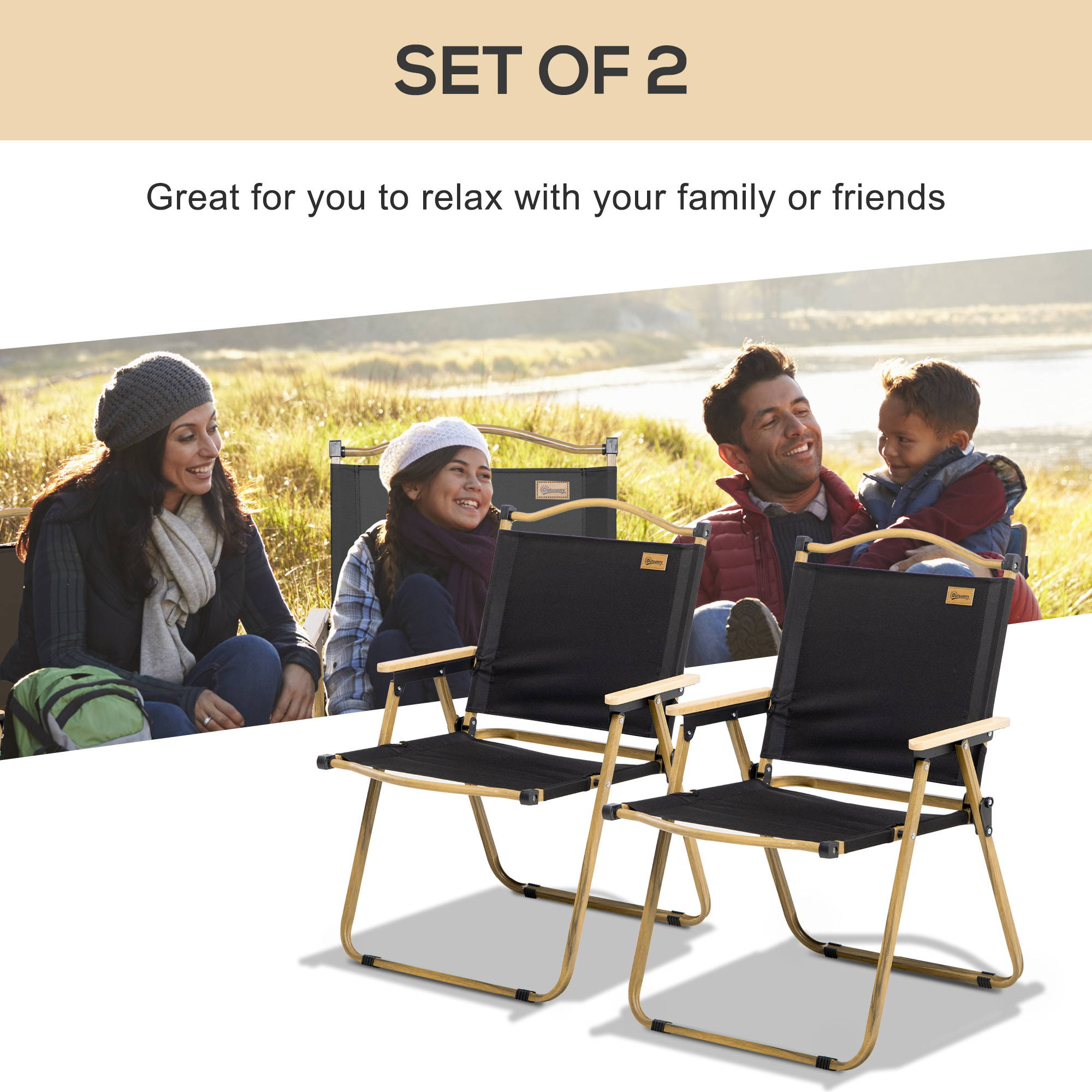 Set of 2 Camping Chair, Lightweight Folding Chair, Portable Armchairs, Excellent for Festivals, Fishing, Beach and Hiking, Black - Image 2