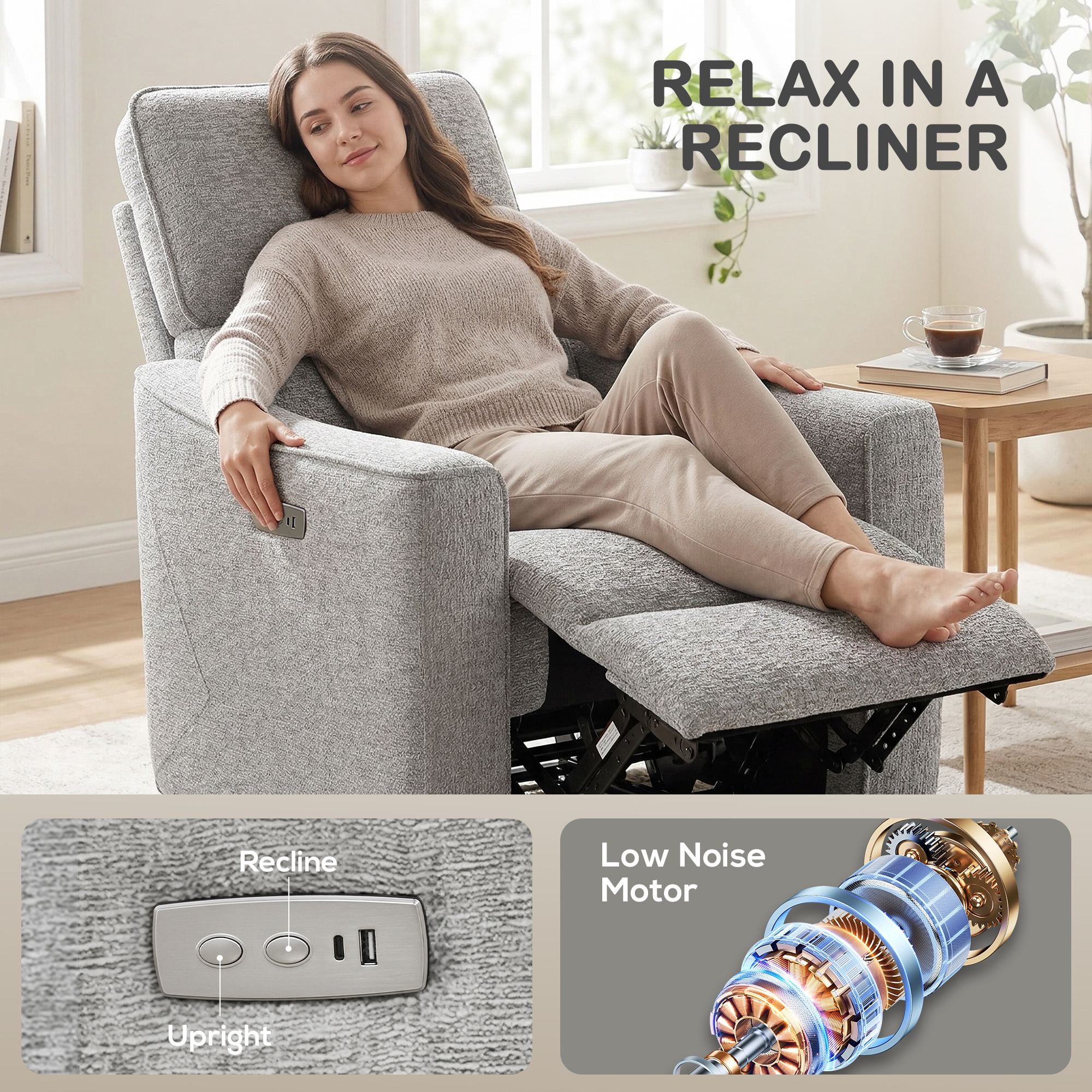Power Recliner Chair, Chenille Upholstered Recliner Chair with USB Ports, Footrest, Grey - Image 4
