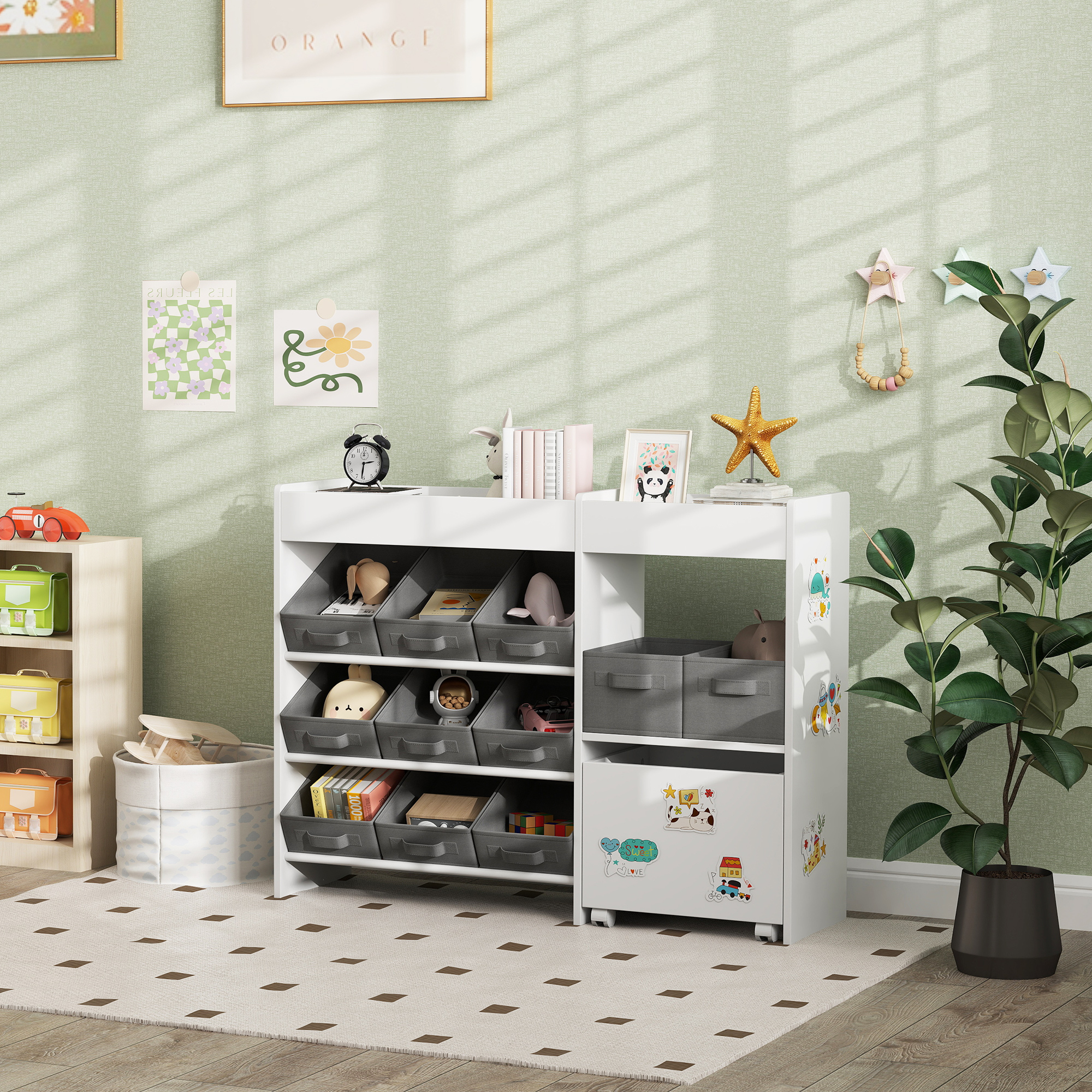 Qaba Kids Toy Storage Organizer with 11 Bins, Moveable Cabinet, Top Shelves, 3 Stickers, for Nursery, Playroom, White - Image 6