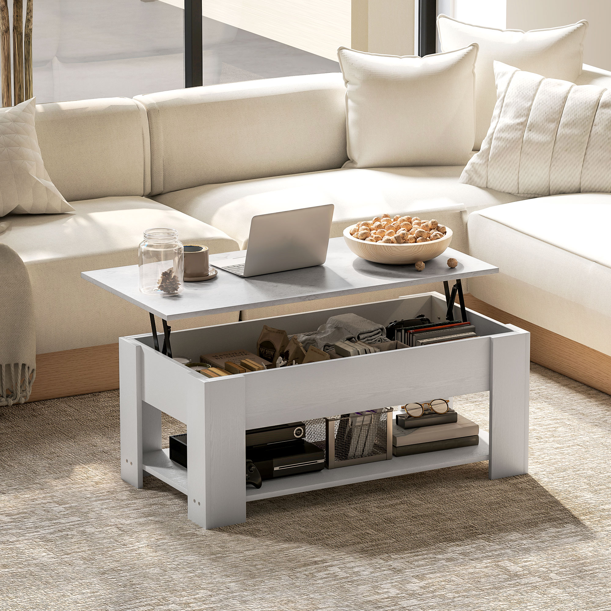 Lift Top Coffee Table with Hidden Storage Compartment and Open Shelf, Center Table for Living Room, White - Image 5