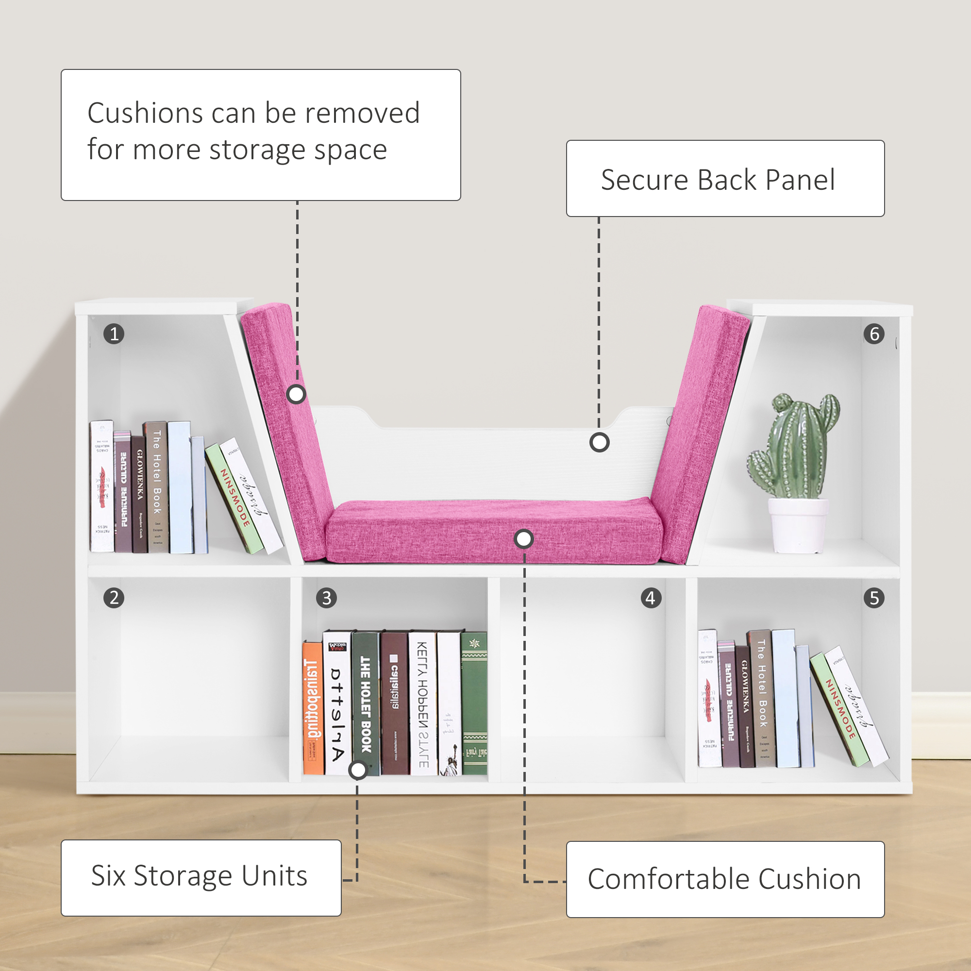 6-Cubby Bookcase with Seat Cushion, Cube Storage Shelf with Reading Nook for Home Office, Study, Pink - Image 5
