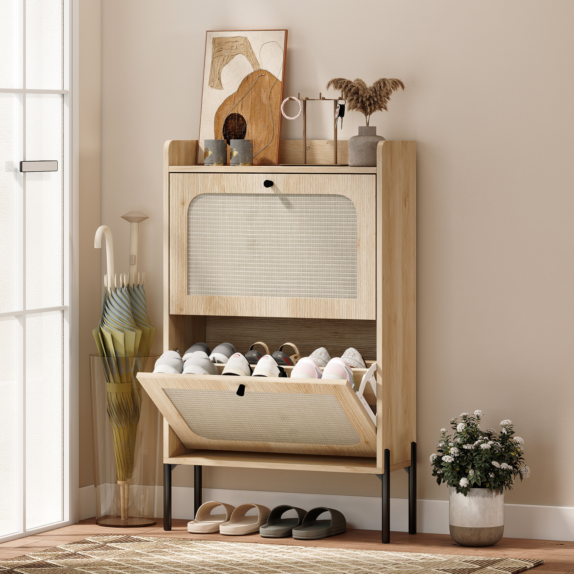 Shoe Cabinet with 2 Flip Drawers, Boho Narrow Shoe Storage Cabinet, Oak - Image 6