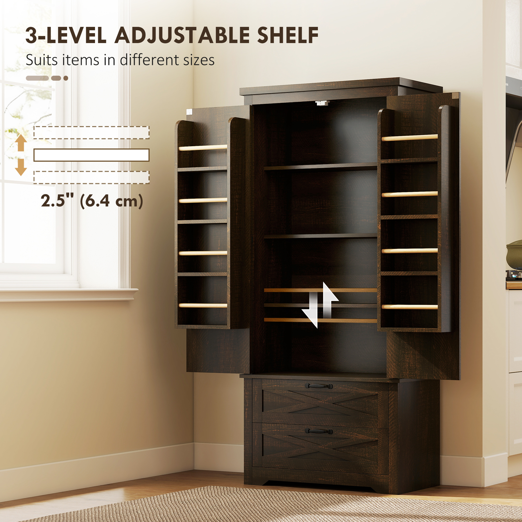 Farmhouse Kitchen Pantry Storage Cabinet, 64" Freestanding Kitchen Pantry Cabinet with Drawers, Distressed Dark Brown - Image 4