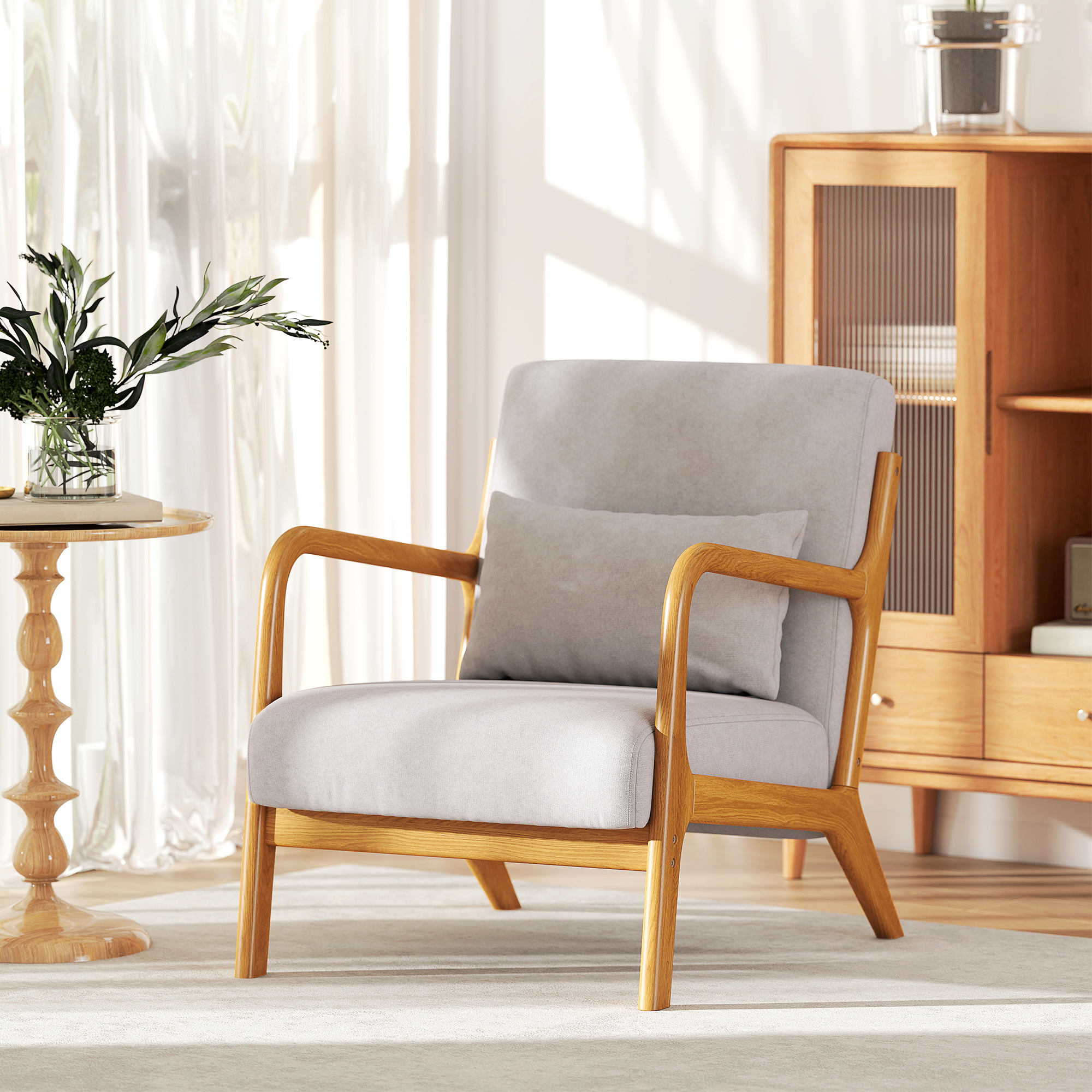 Fabric Lounge Chair, Velvet Armchair, Retro Accent Chair with Wood Legs and Thick Padding for Bedroom, Grey - Image 4