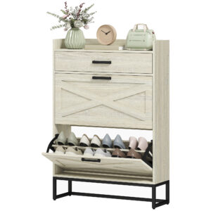 Slim Shoe Storage with 2 Flip Drawers and Adjustable Shelves Shoe Cabinet Organizer for 12 Pair, Distressed White