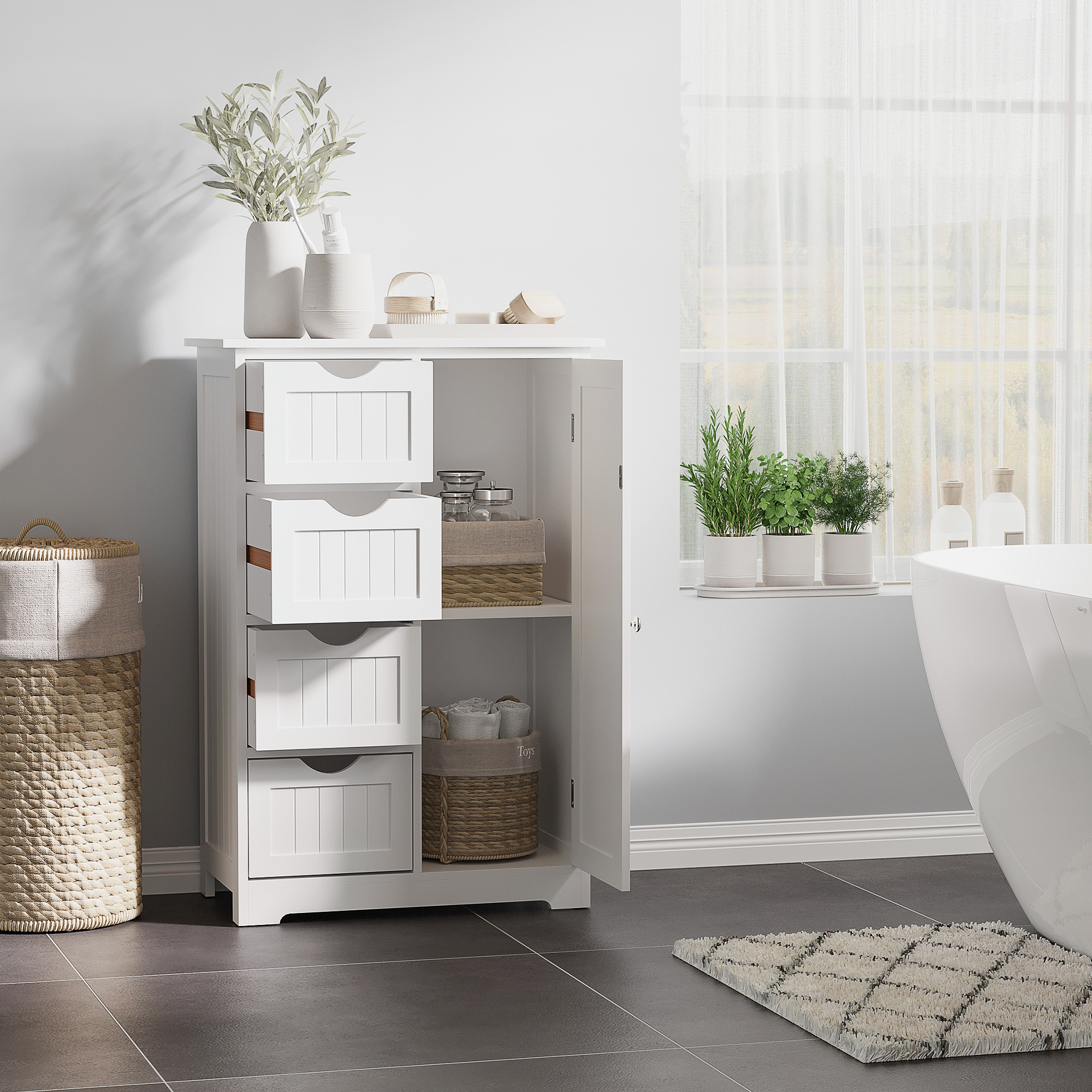Bathroom Storage Cabinet, Floor Cabinet with Adjustable Shelf and 4 Drawers, Side Cabinet for Washroom, White - Image 2