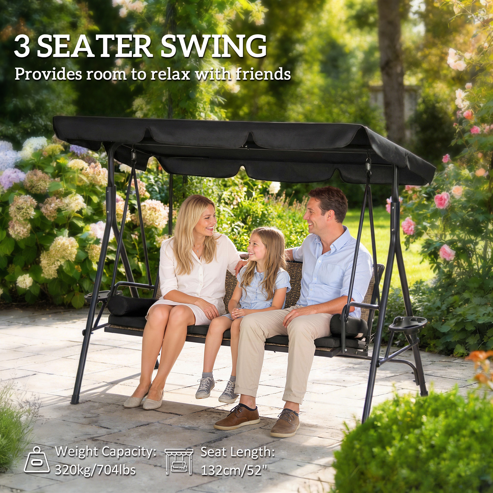 Outdoor 3-Seat Porch Swing with Canopy, Rattan Seat, Removable Cushion, Pillows and Steel Frame - Image 2