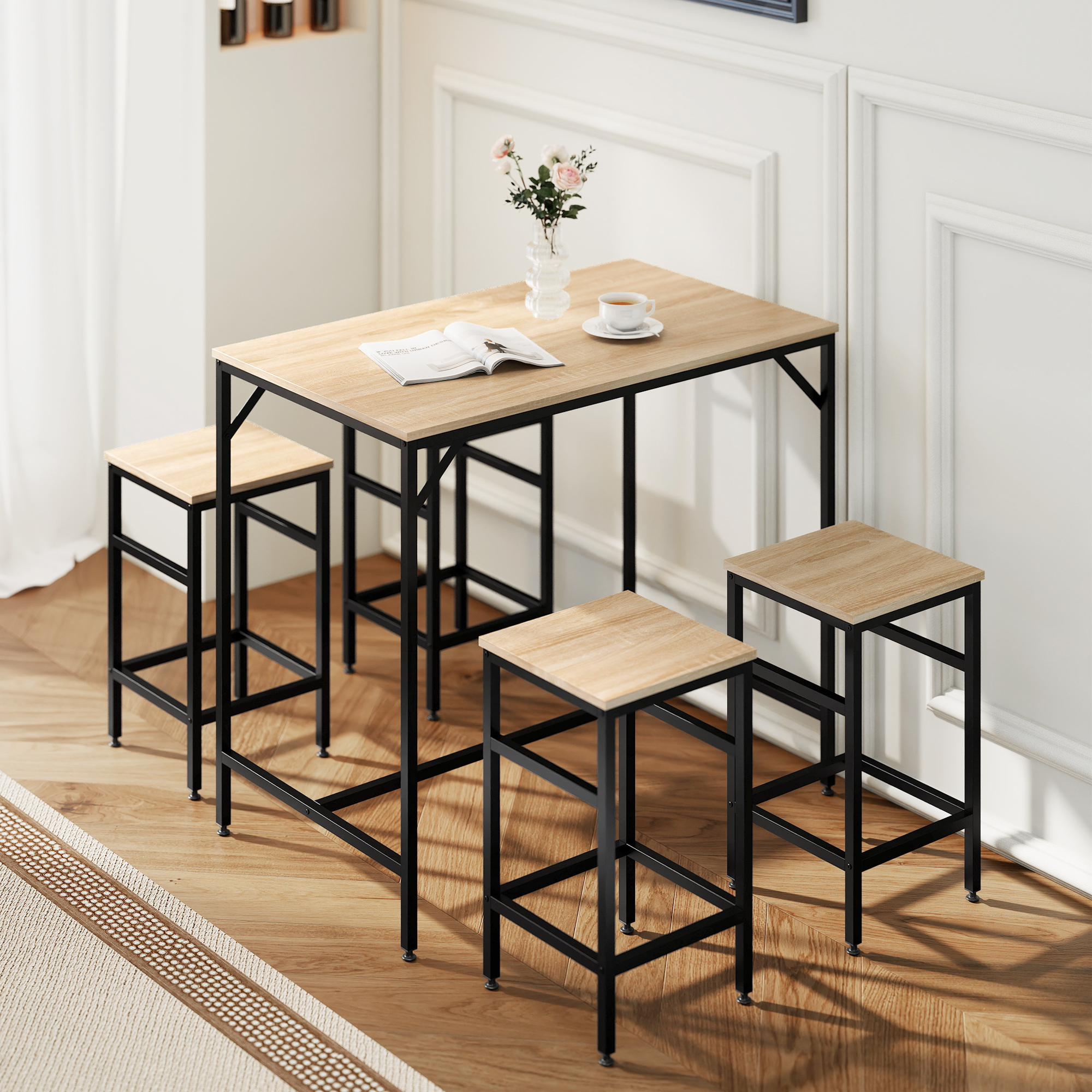 5 Pieces Industrial Rectangular Bar Table Set, Dining Table Set Breakfast Table with 4 Stools for Dining Room, Kitchen, Dinette, Oak - Image 6