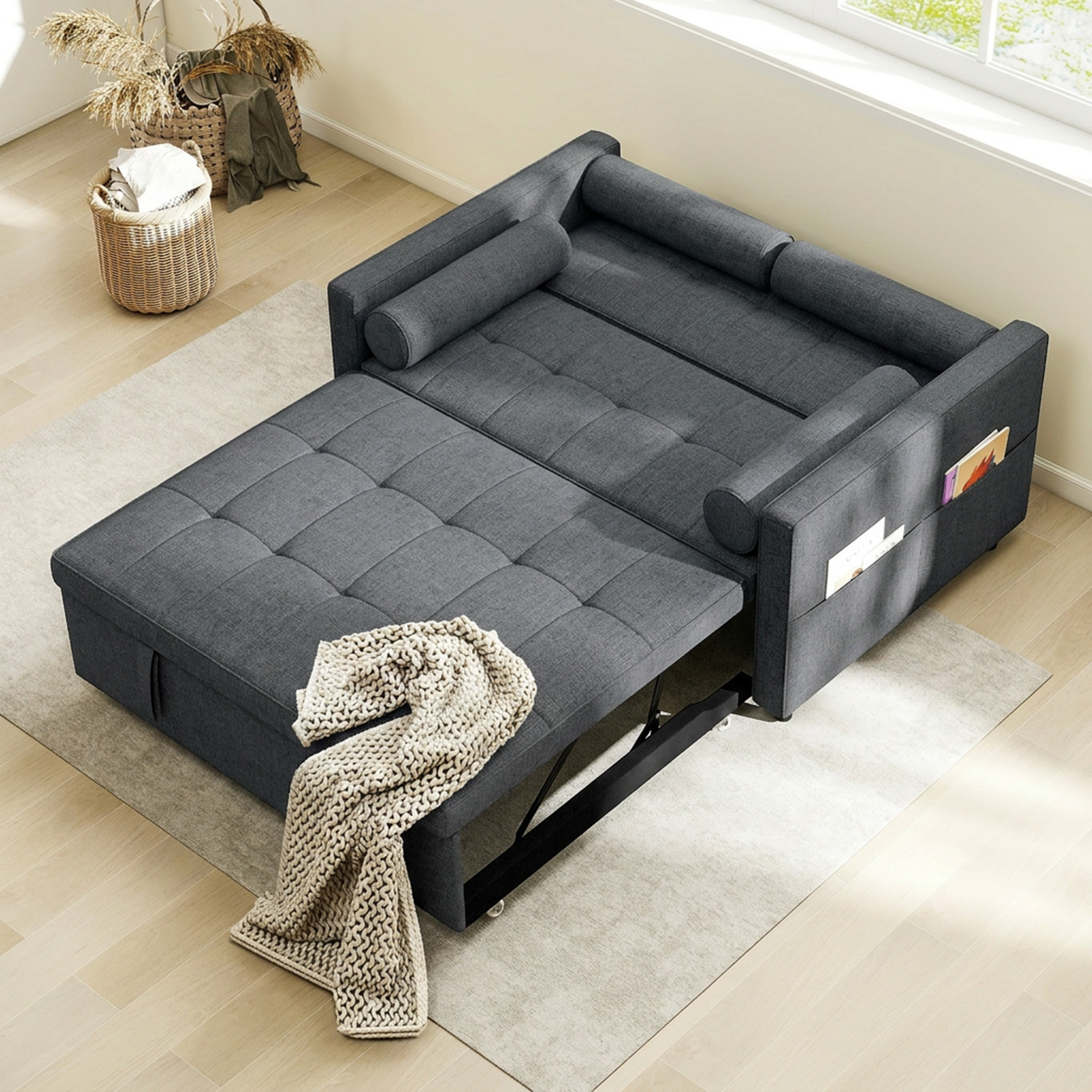 Pull Out Sofa Bed, Sleeper Sofa Couch with USB Ports, Small Linen Loveseat Futon Couch for Living Room, Dark Grey - Image 6