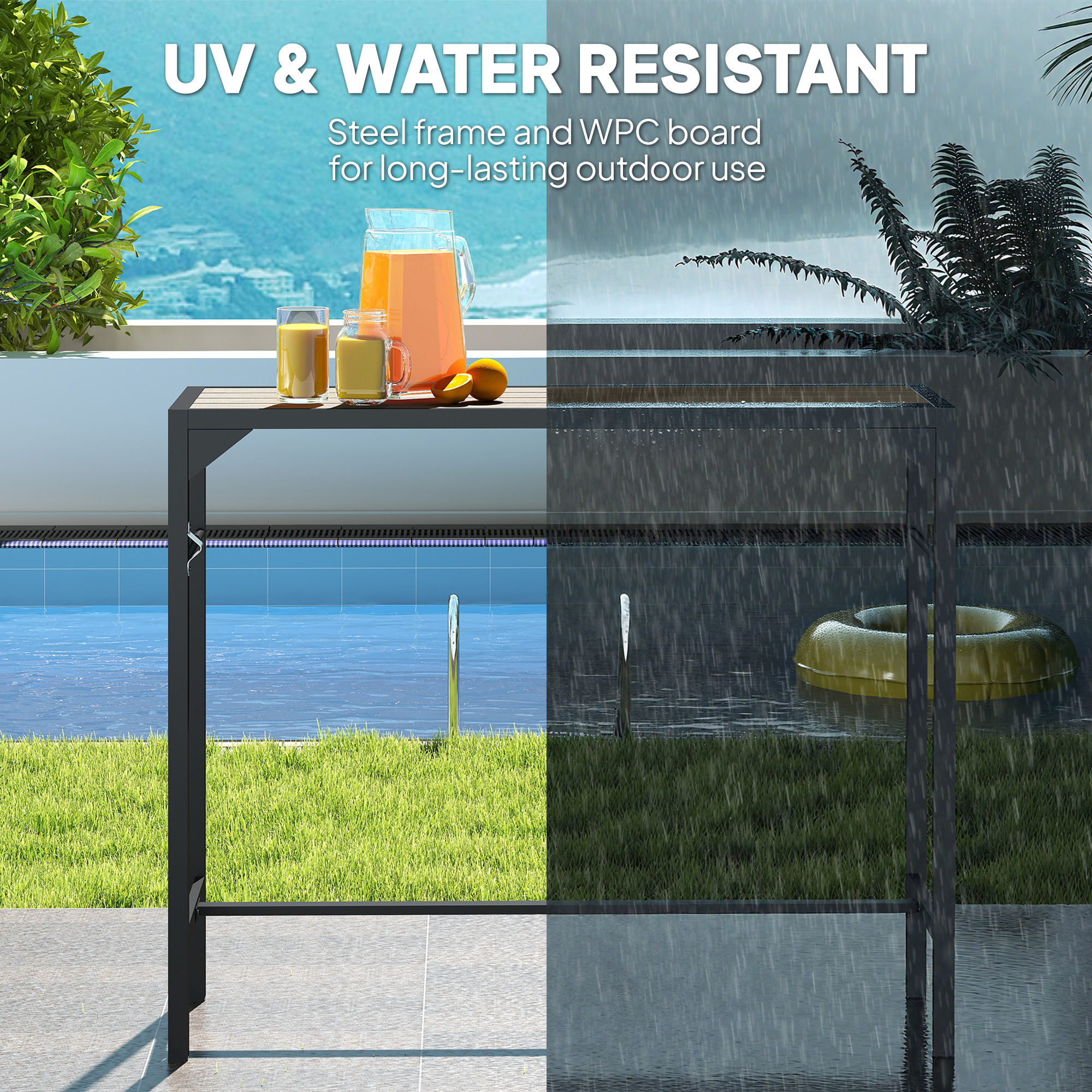Bar Height Outdoor Table with Built-In Bottle Opener, Patio Bar Table with Wood Grain Plastic Top, 47.2" x 15" x 39" - Image 3