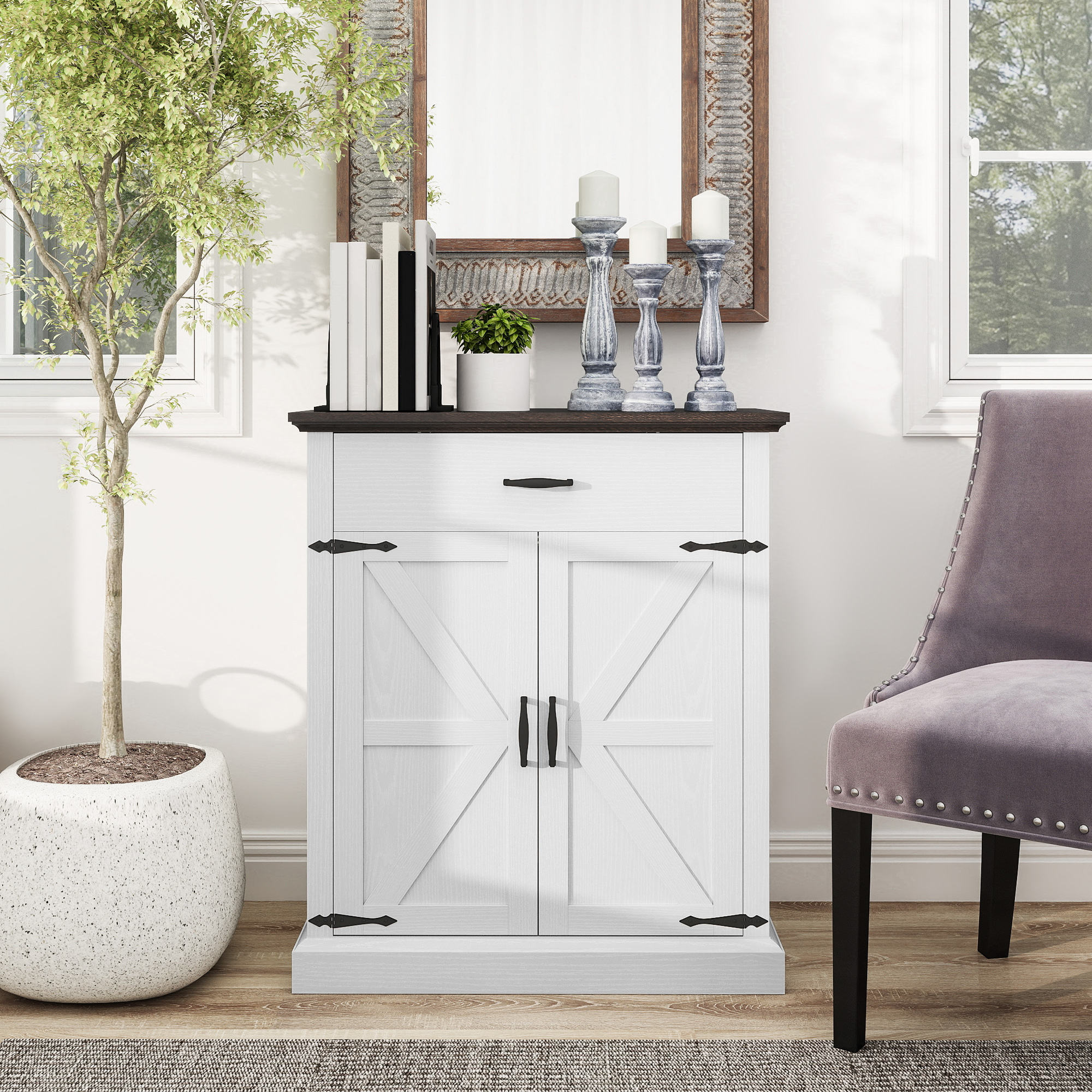 30" Buffet Cabinet, Farmhouse Sideboard with 1.2" Thick Top, 2 Barn Doors, Drawer and Adjustable Shelf, White - Image 6