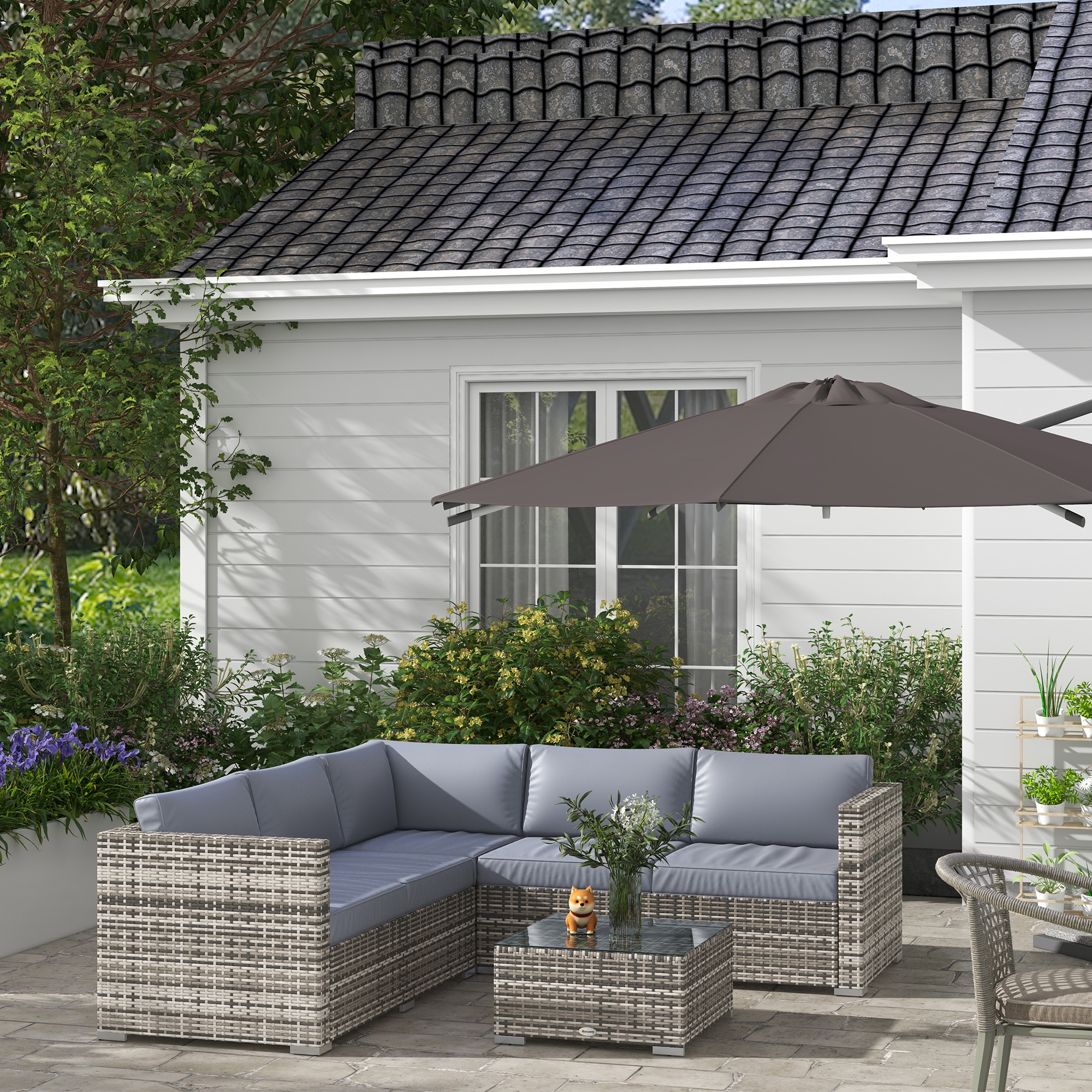 4 Pieces Rattan Wicker Outdoor Conversation Furniture Set w/ Corner Sofa Loveseats Coffee Table Cushions, Grey - Image 6
