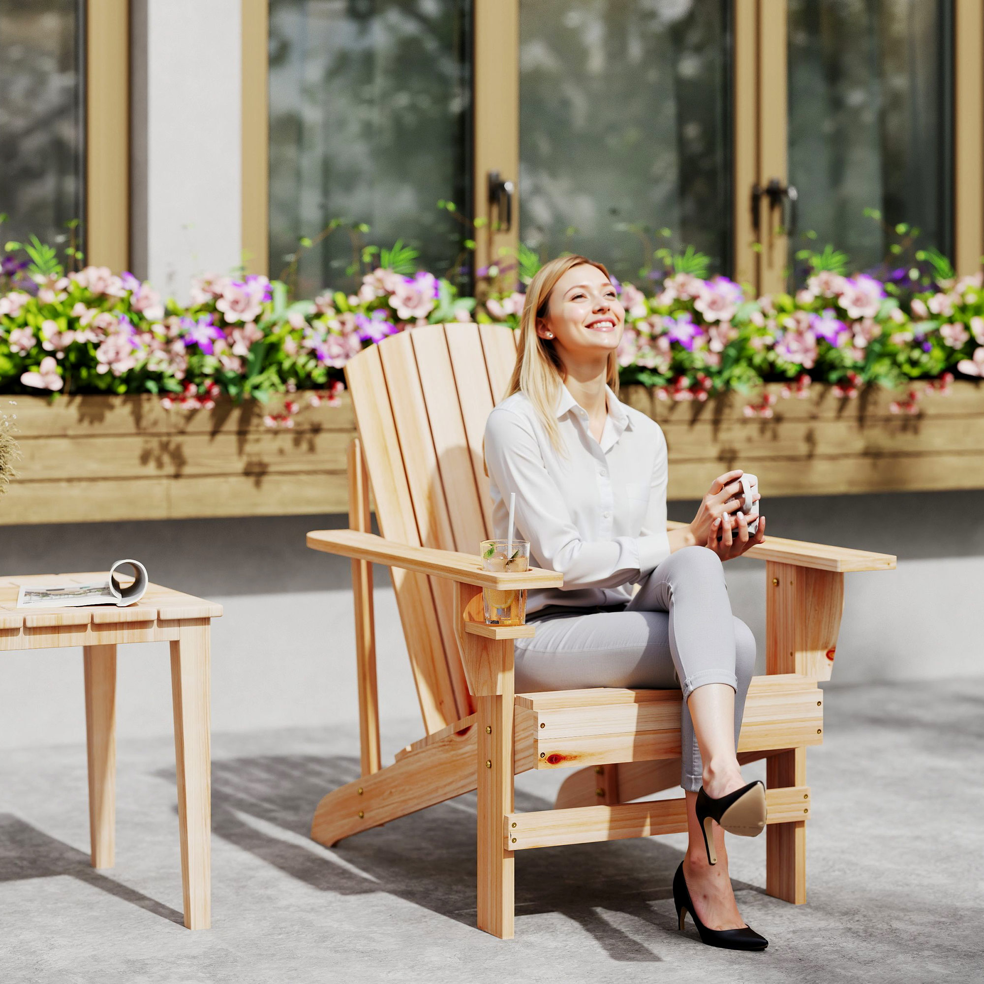 Classic Adirondack Chair Muskoka Chair, Garden Deck Chair with Cup Holder for Patio, Indoor, Backyard, Natural - Image 6