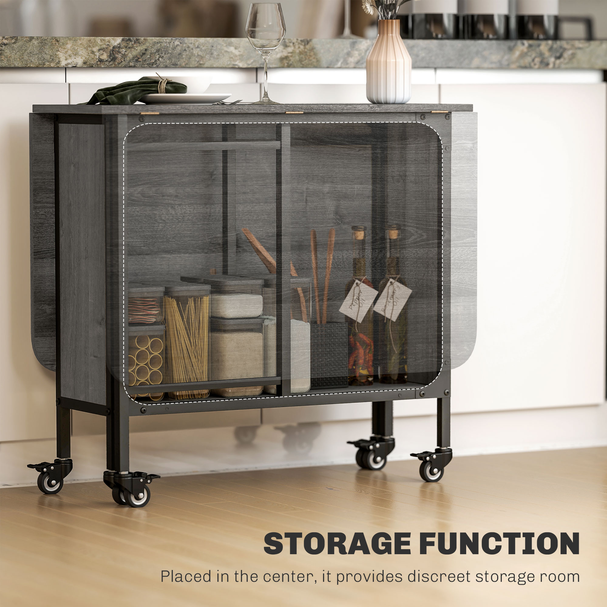 Folding Dining Table, Extendable Kitchen Table for Small Spaces with Storage Shelf and 6 Wheels, Distressed Grey - Image 3