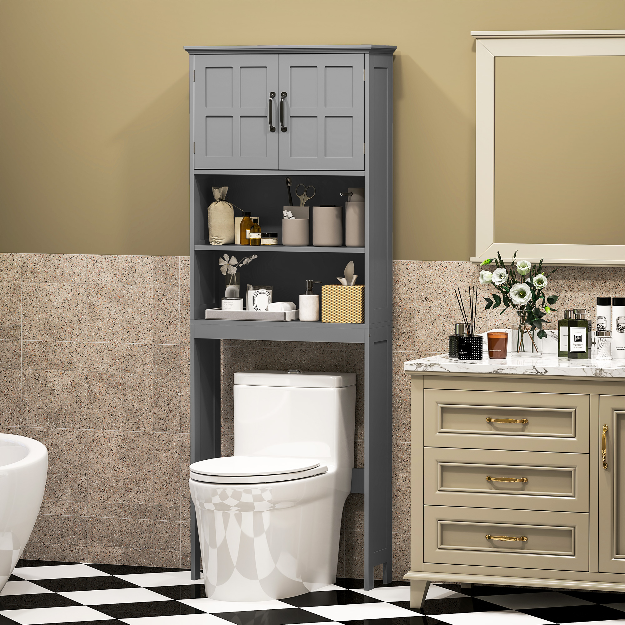 Modern Over The Toilet Storage, Bathroom Cabinets Over Toilet with Open Shelves and Double Door Cabinet, Grey - Image 6