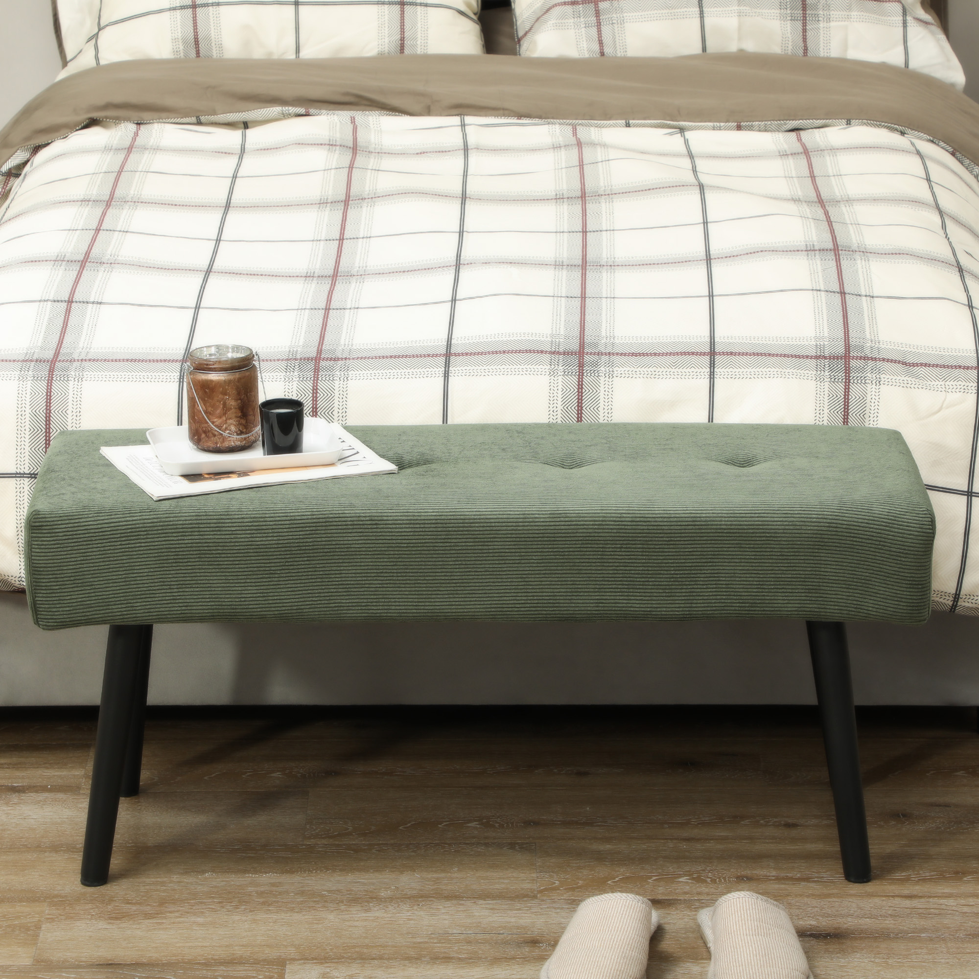 39" Upholstered Ottoman Bench, Corduroy Entryway Bedroom Bench with Padded Seat and Steel Legs for Bedroom, Green - Image 5