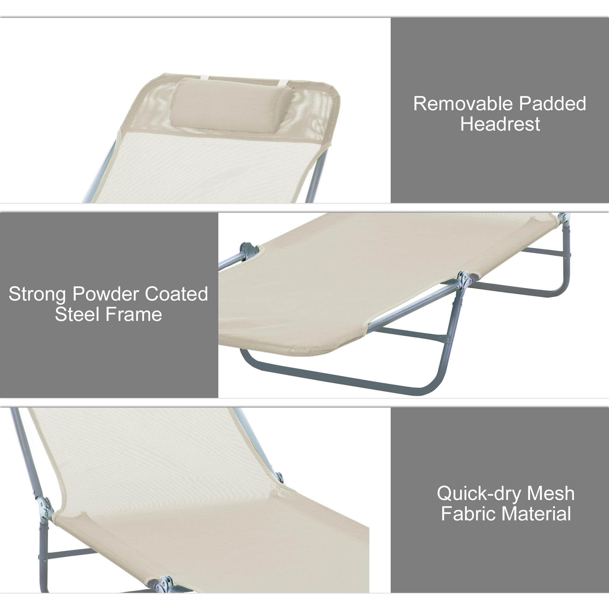 Outdoor Lounge Chair, Portable Adjustable Reclining Seat Folding Chaise Lounge Patio Camping Beach Tanning Chair Bed with Pillow, Beige - Image 3