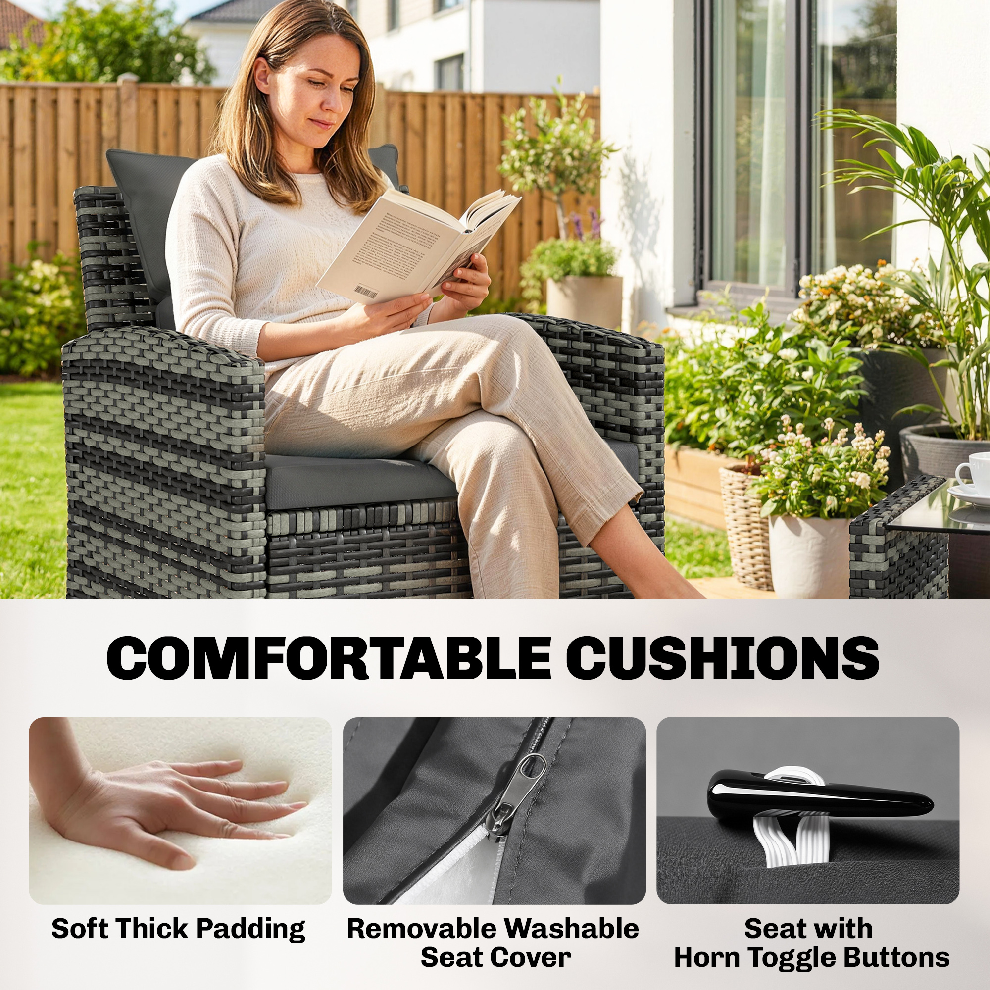 4-Piece Outdoor Wicker Patio Furniture Conversation Set, Includes Loveseat, Chairs and 2-Tier Table with Cushions, Modern Rattan Sofa Set for Backyard, Dark Grey - Image 4