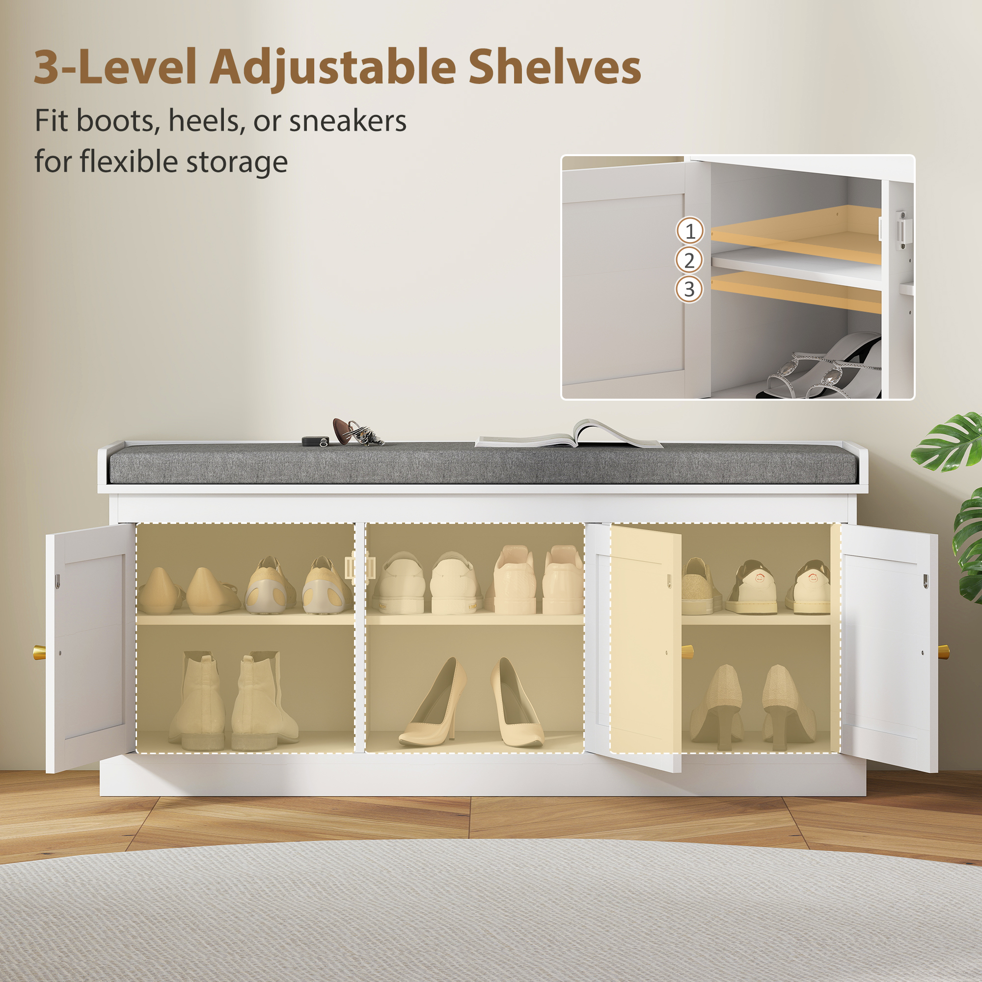 Shoe Storage Bench with Woven Rattan Doors, Shoe Bench with Cushion, Adjustable Shelves, Entryway Bench, White - Image 5