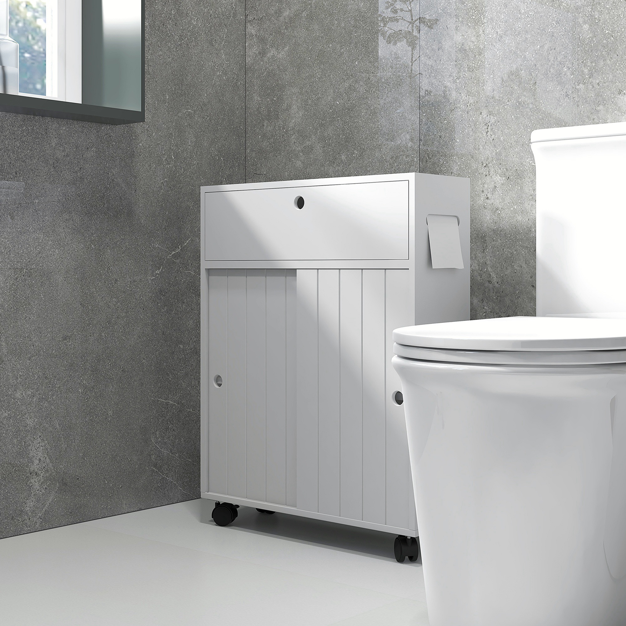 Bathroom Storage Cabinet, Bathroom Cabinet with 4 Rolling Wheels and Paper Holes, 20.5" x 6.75" x 26.5", White - Image 6