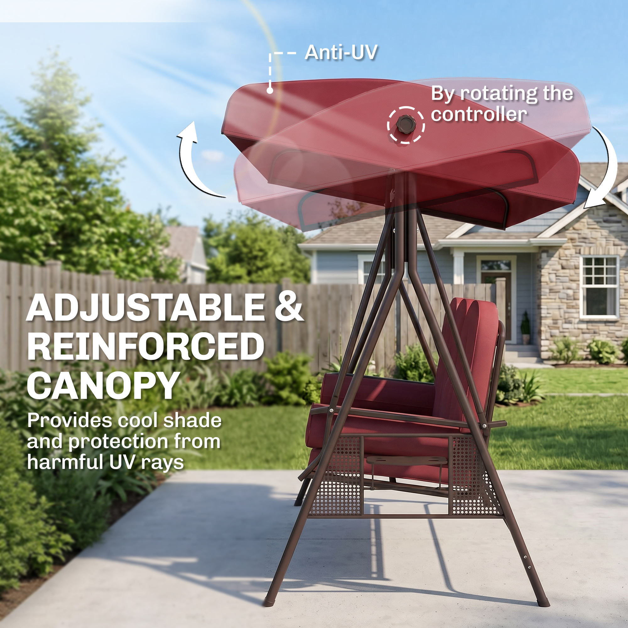 Outdoor Patio 3-Person Steel Canopy Cushioned Seat Bench Swing with Included Side Trays & Padded Comfort, Wine Red - Image 2