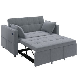 3‑in‑1 Convertible Sofa Bed, Pull Out Sleeper Sofa with USB Charging, Adjustable Backrest, Side Pockets, Dark Grey