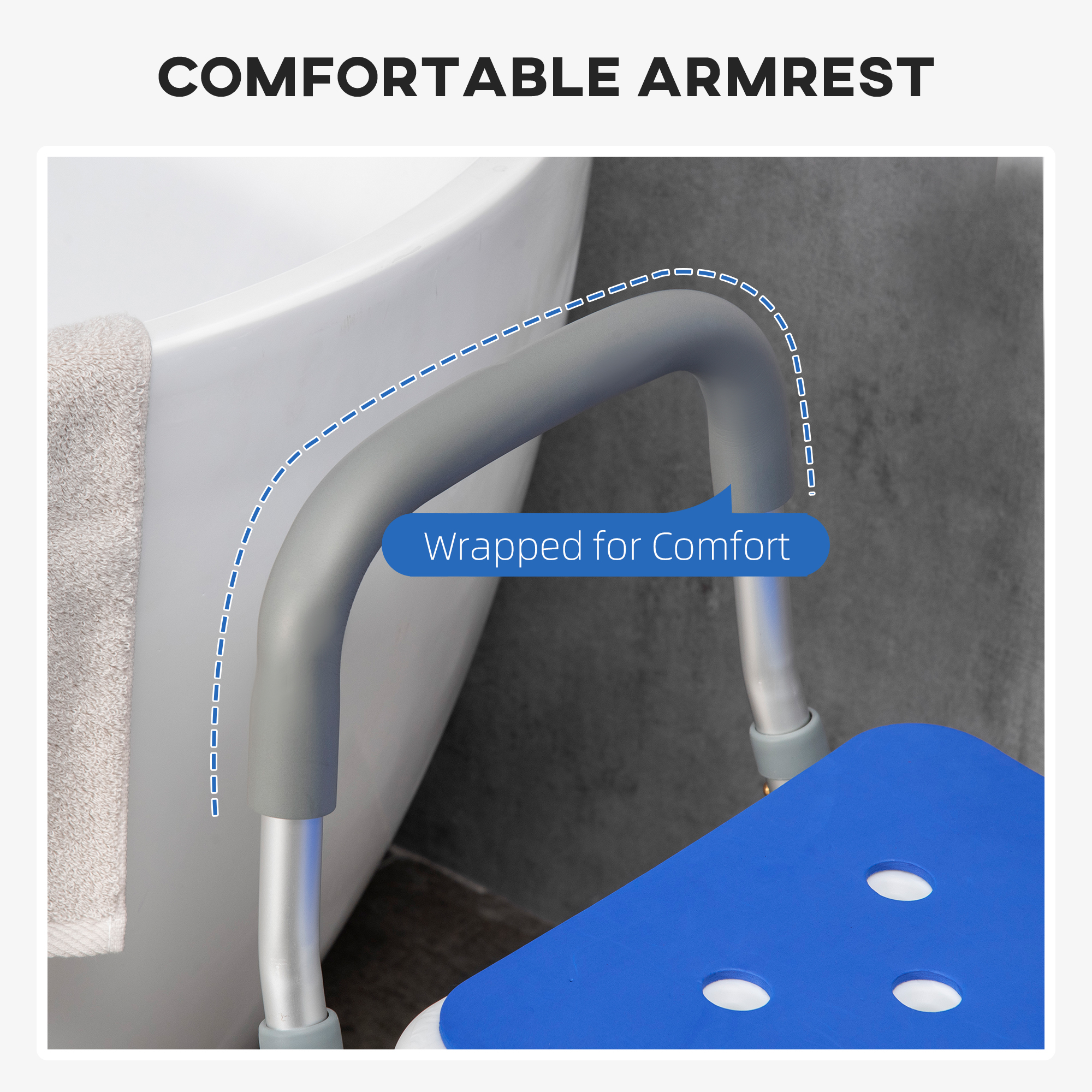 Adjustable Shower Chair with Arms and Back, Bath Chair with Regular Seat, Anti-slip Shower Bench for Seniors and Disabled, Tool-Free Assembly, 300lbs, Blue - Image 3