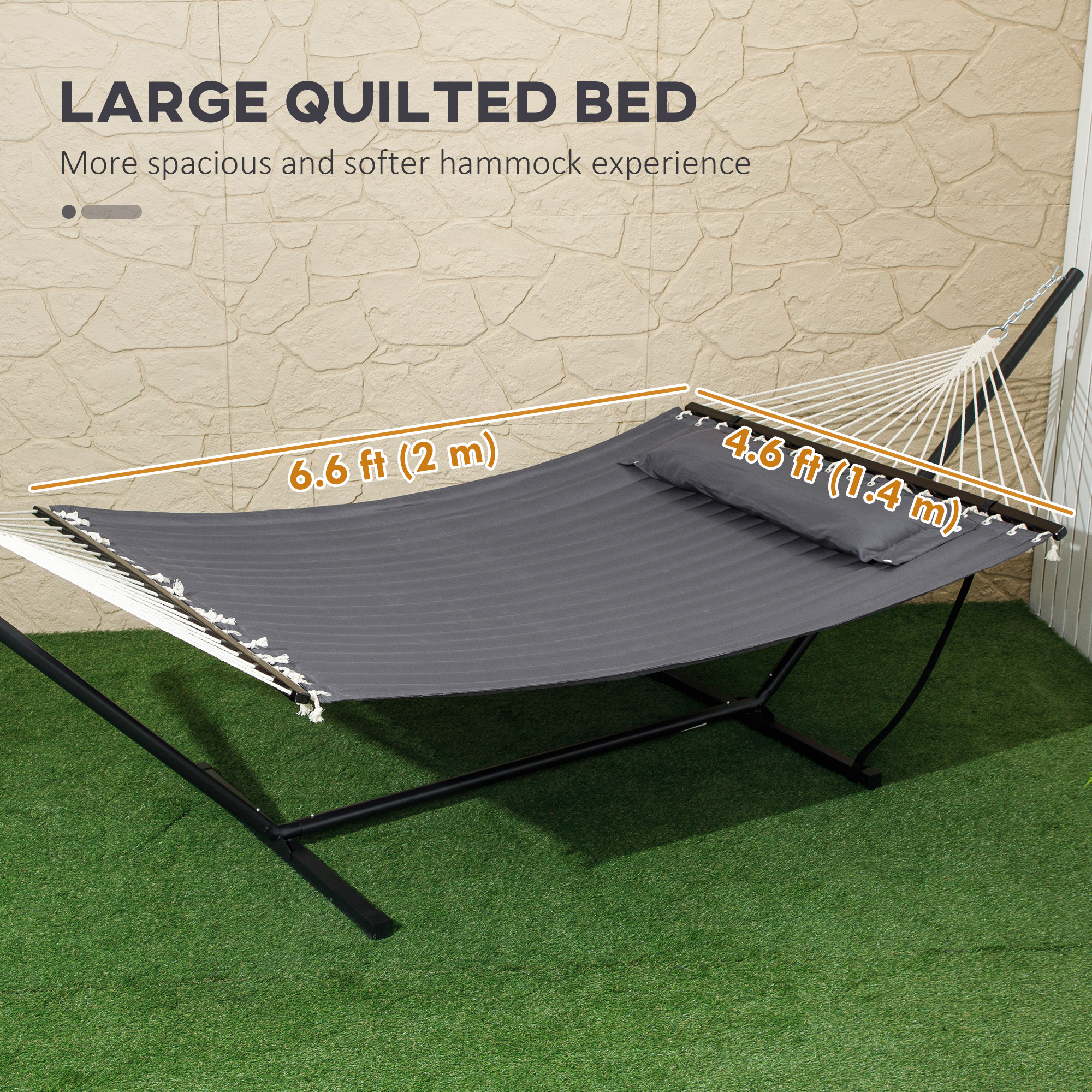 2 Person Hammock Quilted Double Hammock with Stand Pillow Spreader Bars for Outdoor Camping Beach, Dark Grey - Image 2