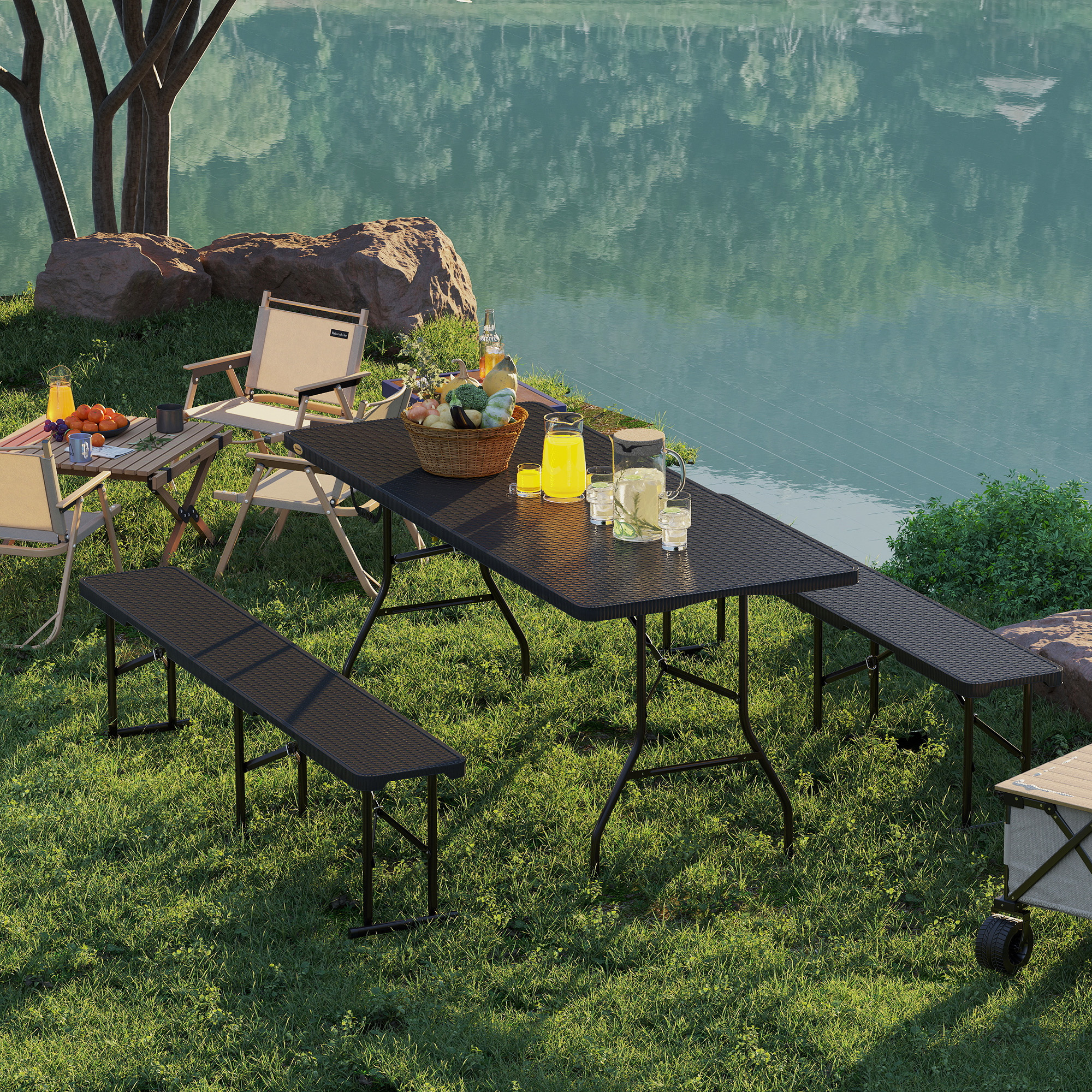 6FT 3PCS Faux Rattan Outdoor Camping Table Bench Set with Carrying Handles, Folding Picnic Table with 2 Benches, Black - Image 6