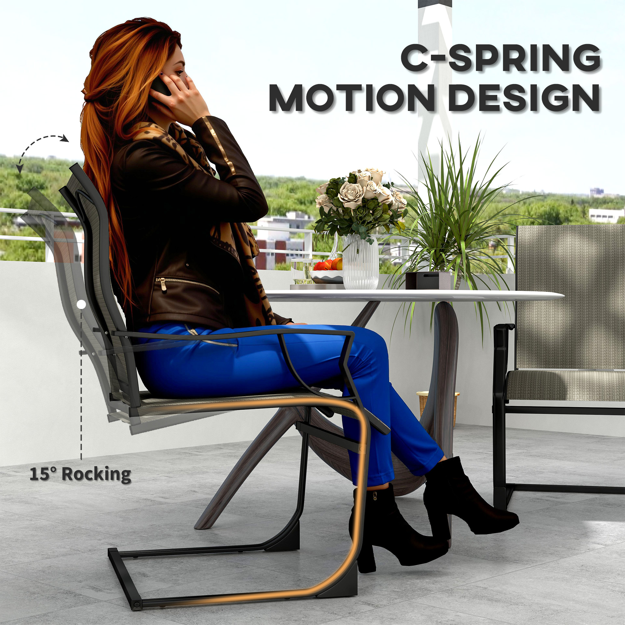 C Spring Motion Patio Chairs Set of 2 with Curved High Backrest, Armrest, All Weather Breathable Fabric, Metal Frame - Image 2