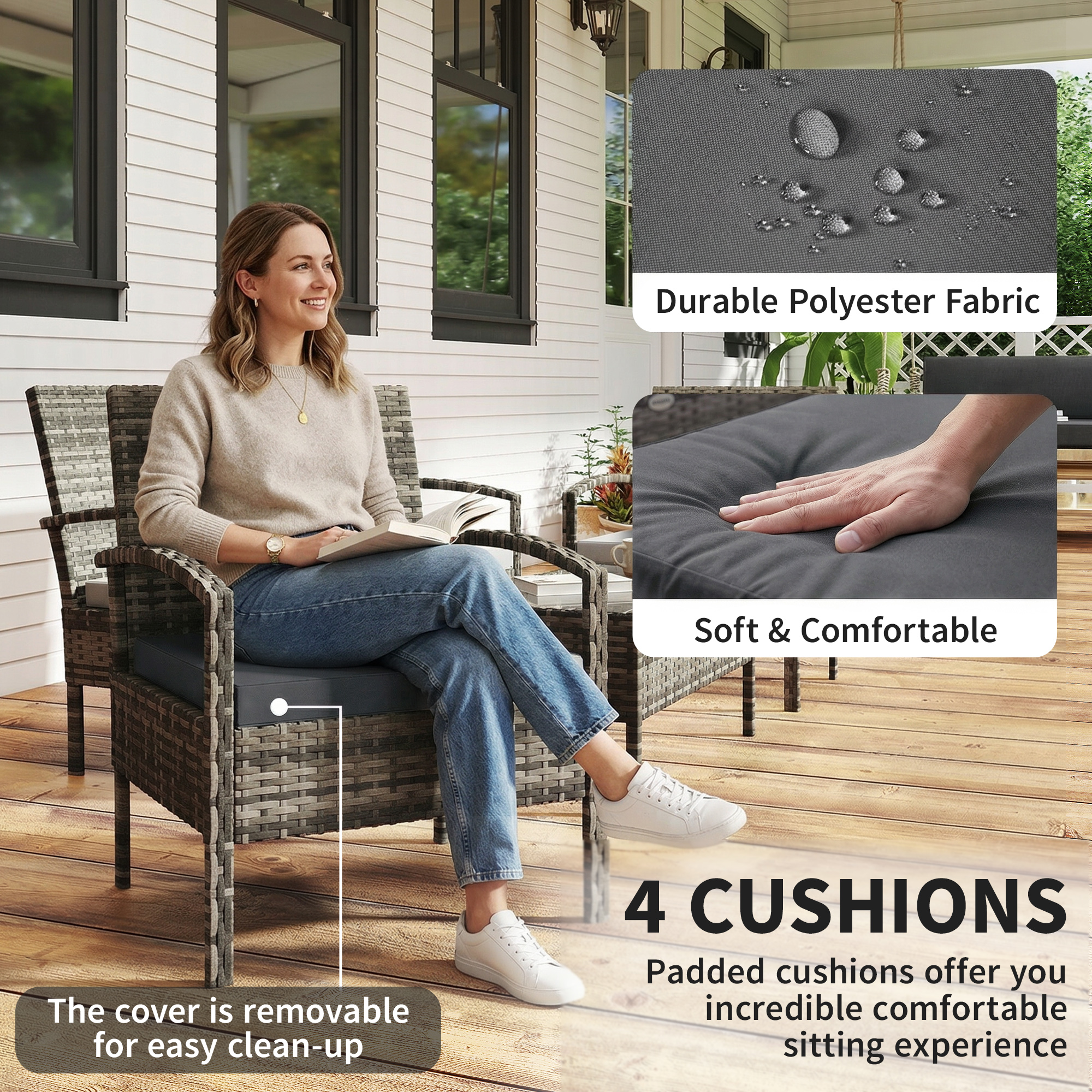 4 Pieces Patio Furniture Set with A Loveseat, Two Armchairs and A Coffee Table, Outdoor Conversation Set, Dark Grey - Image 5