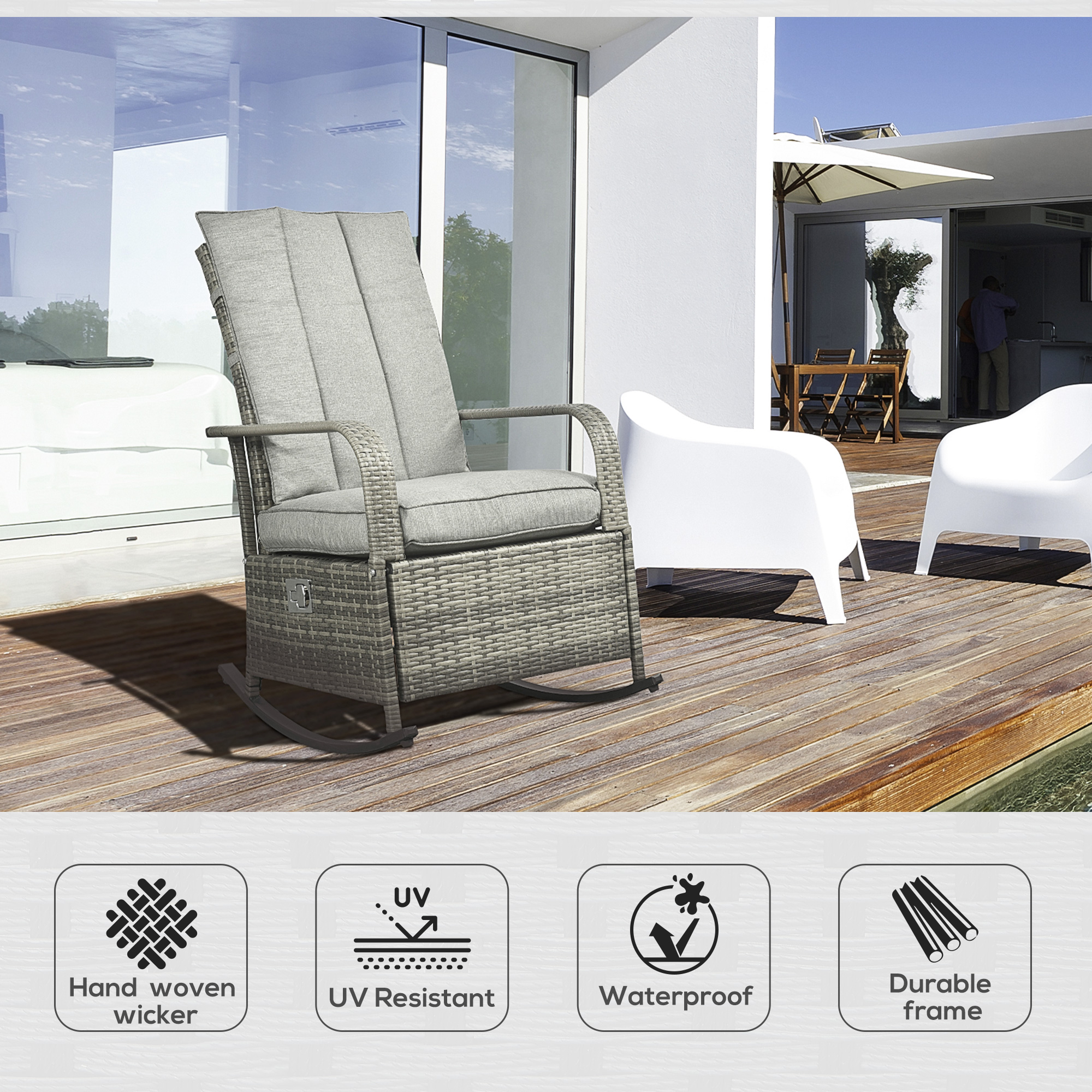 Outdoor Wicker Rocking Chair with Cushion, Patio PE Rattan Recliner Chair with Adjustable Footrest, Armrests, Mixed Grey - Image 2