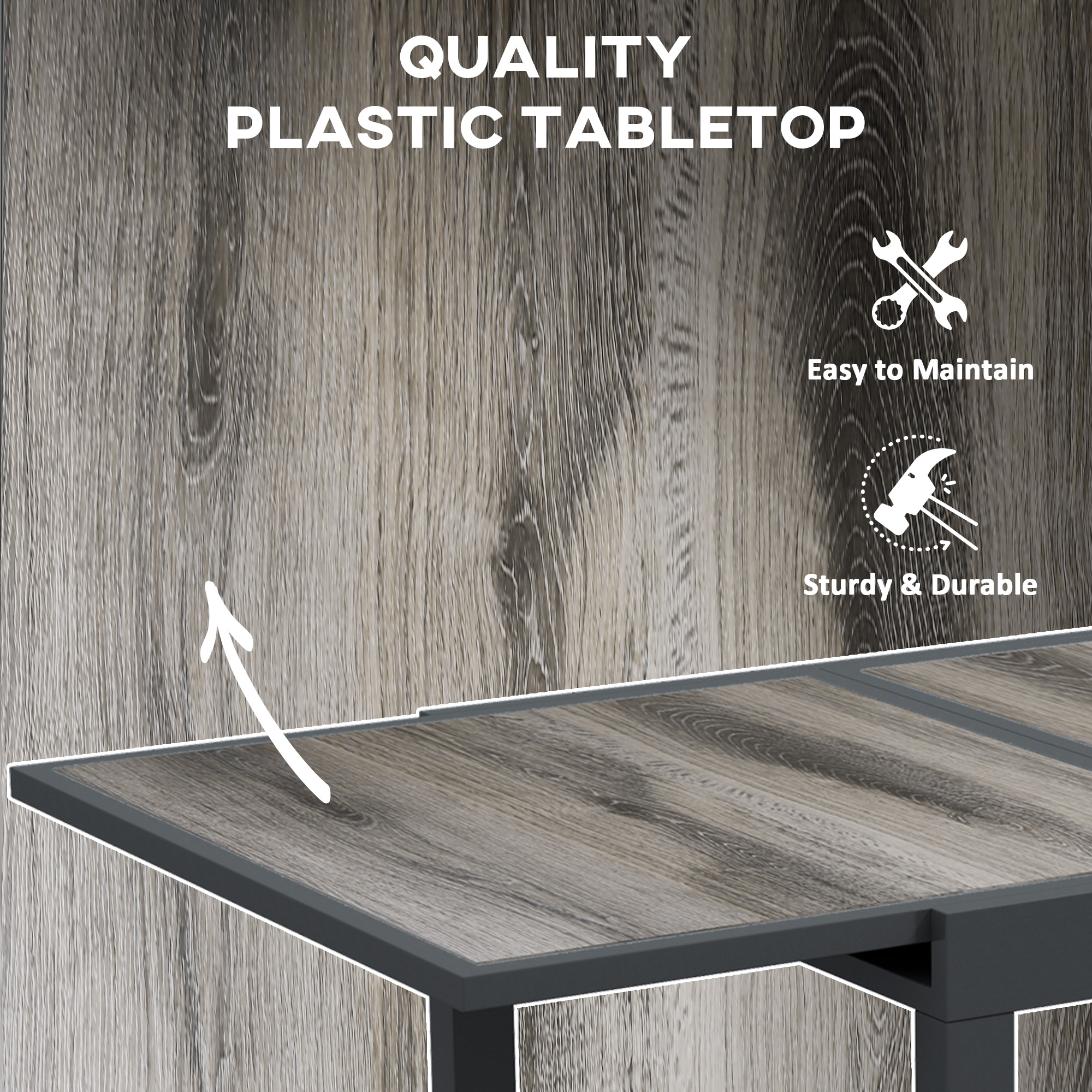 Extendable Dining Table, Rectangular Patio Outdoor Table with Aluminum Frame and Plastic Board Tabletop for Lawn, Grey - Image 4