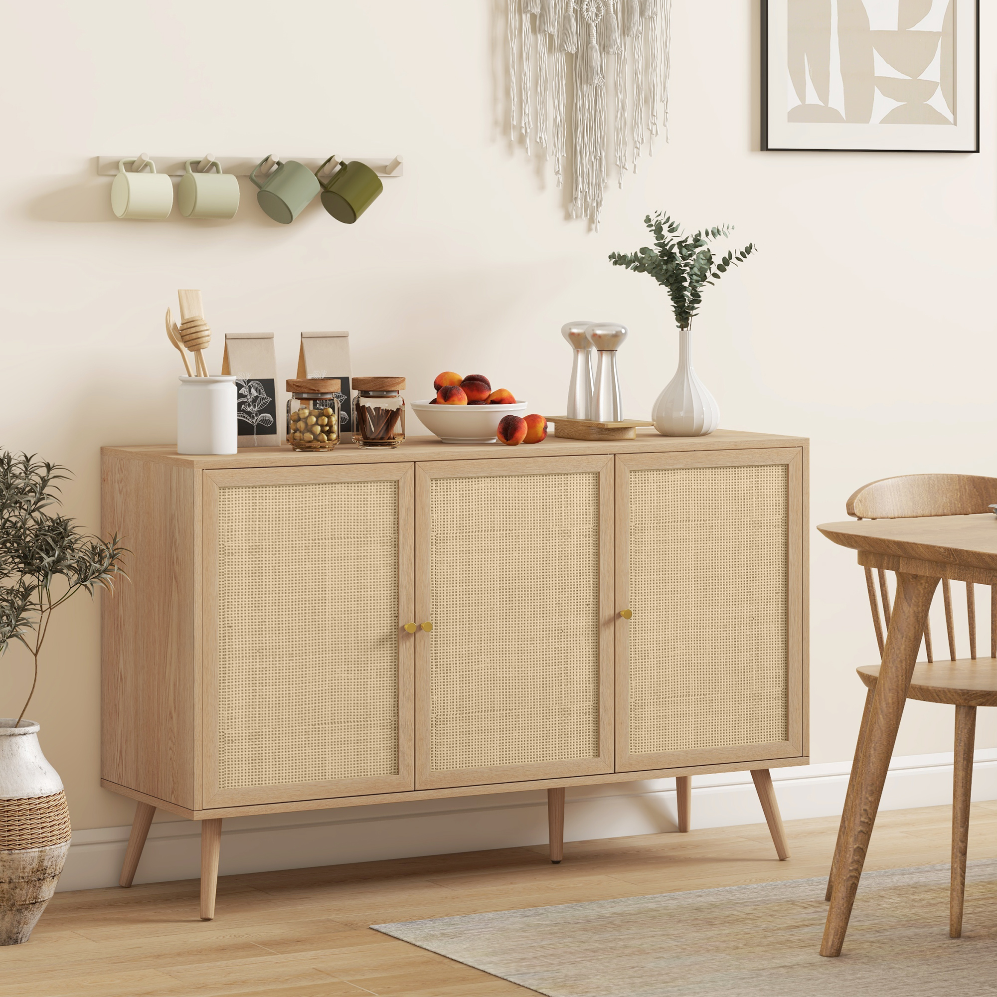 Kitchen Sideboard Cabinet, Boho Storage Cabinet with Shelves, Wood Legs, Decorative Rattan Doors, Natural - Image 5