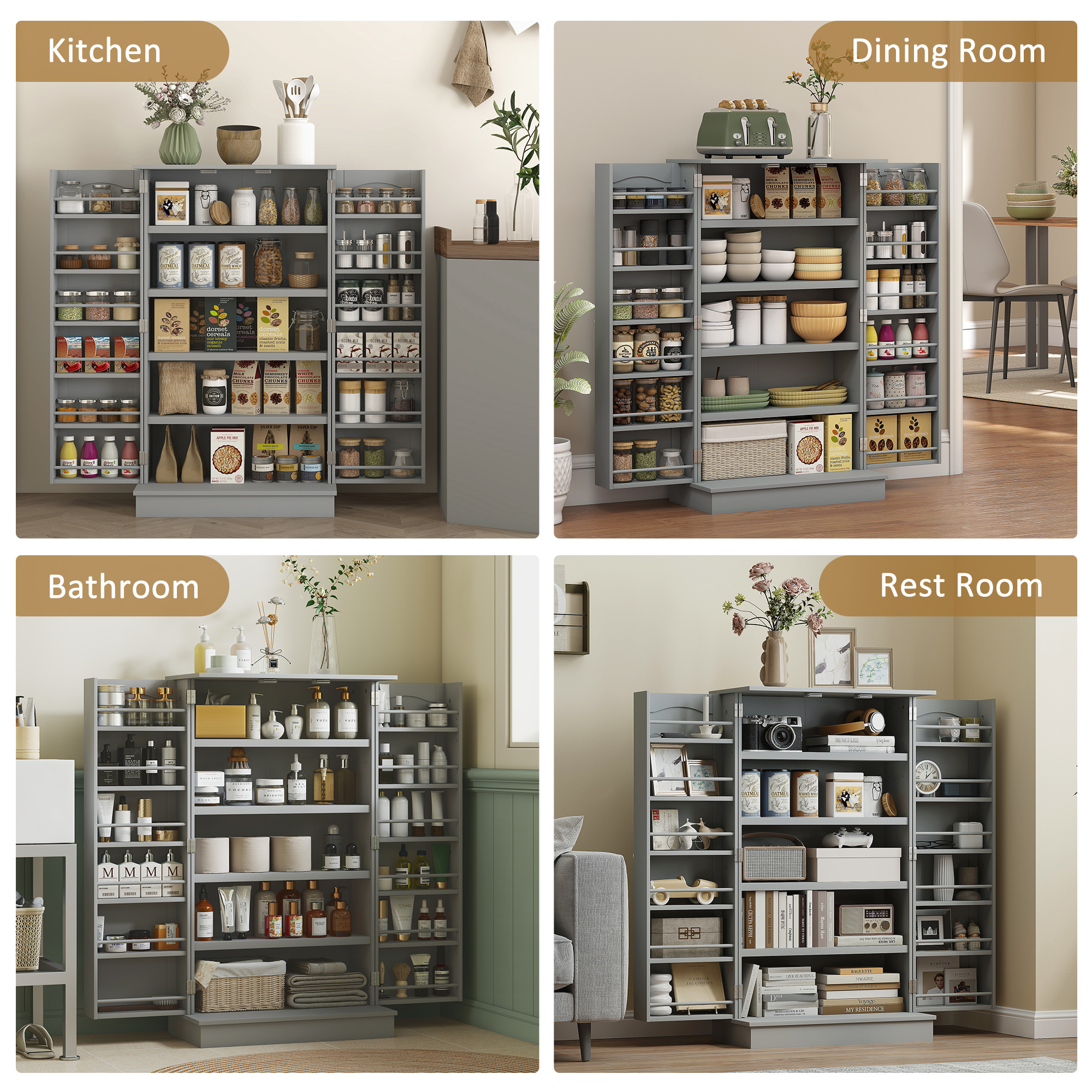 41" Storage Cabinet, 2-Door Kitchen Pantry Cabinet with 5-tier Shelving, 12 Spice Racks and Adjustable Shelves, Grey - Image 5