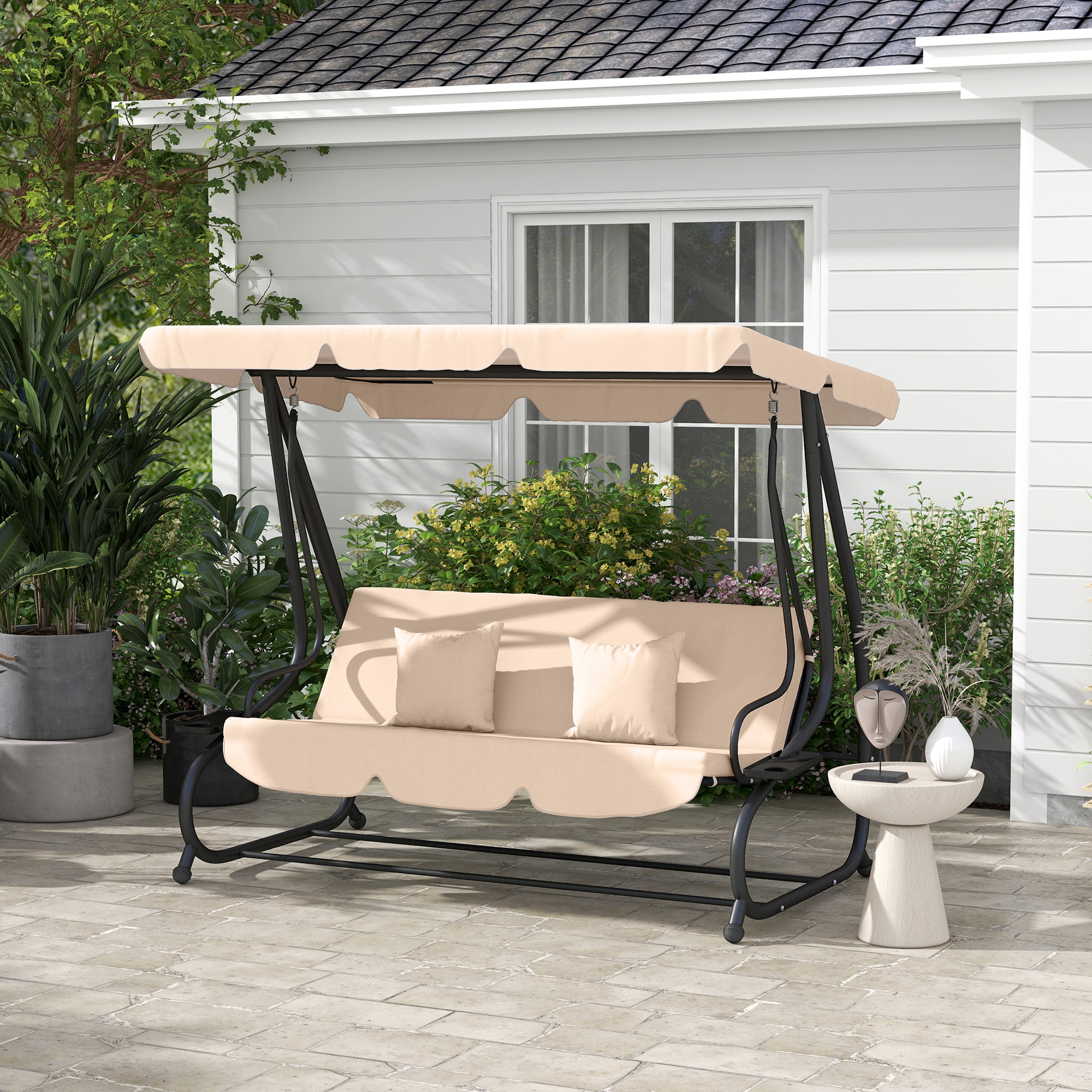 3-Seat Outdoor Patio Swing Chair, 2-in-1 Convertible Flat Bed, Canopy Swing with Adjustable Shade, Removable Cushions, Cup Holder, Light Brown - Image 6