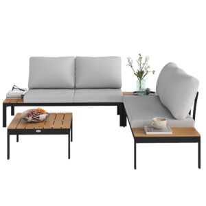 4 Piece L Shaped Garden Furniture Set, 4 Seater Outdoor Corner Garden Set, 2 Loveseats, 2 Coffee Tables, Teak