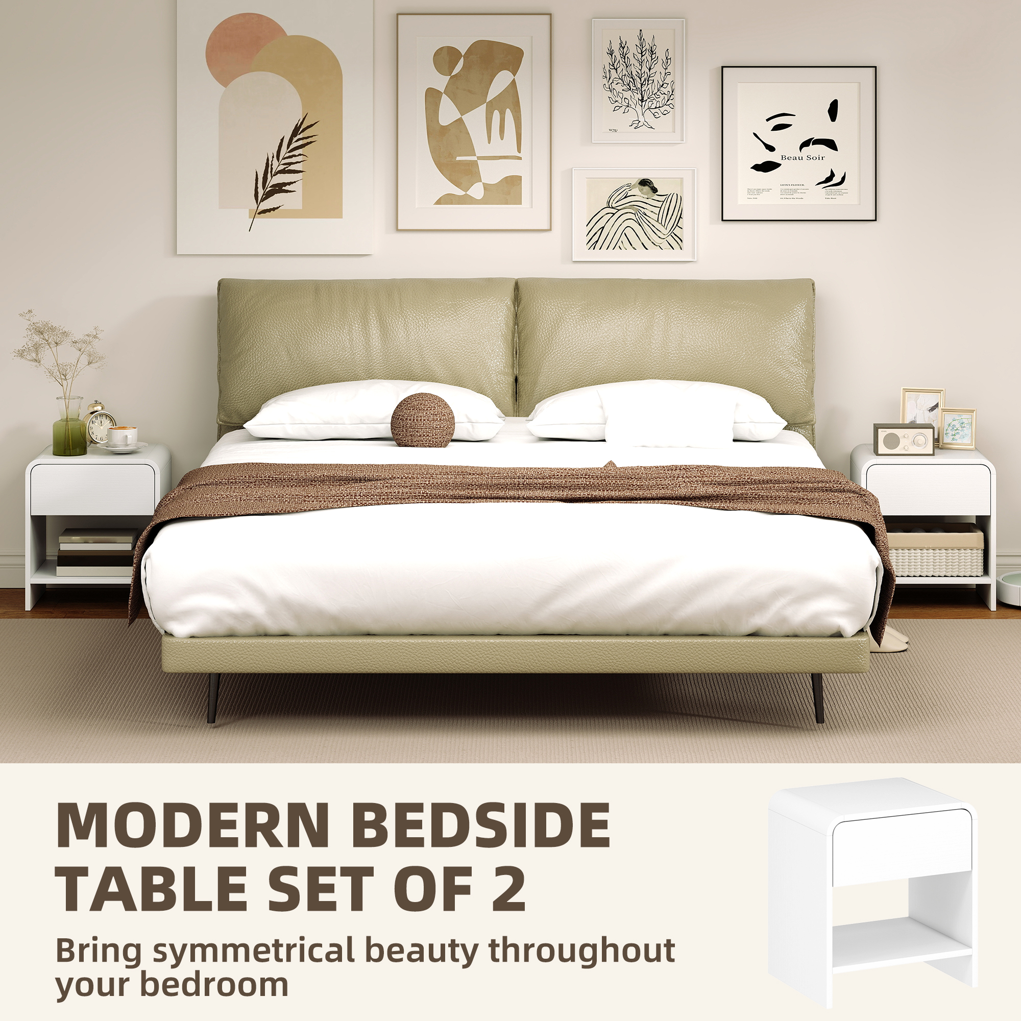 Nightstand Set of 2, Modern Bedside Table with Rounded Corners, Nightstand with Drawer and Open Shelf, Distressed White - Image 2