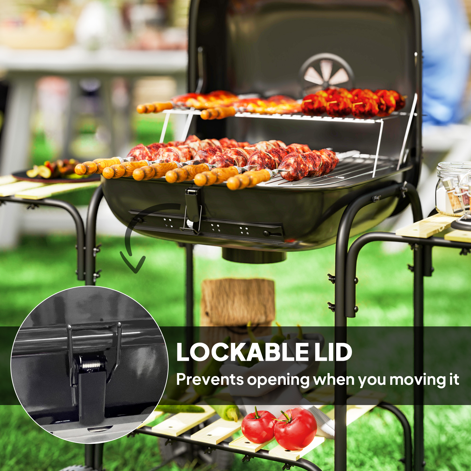 Charcoal BBQ Grill, BBQ Grill with 1840 cm² Cooking Area, 3 Shelves, Adjustable Vent, Lockable Lid, Wheels, Black - Image 5