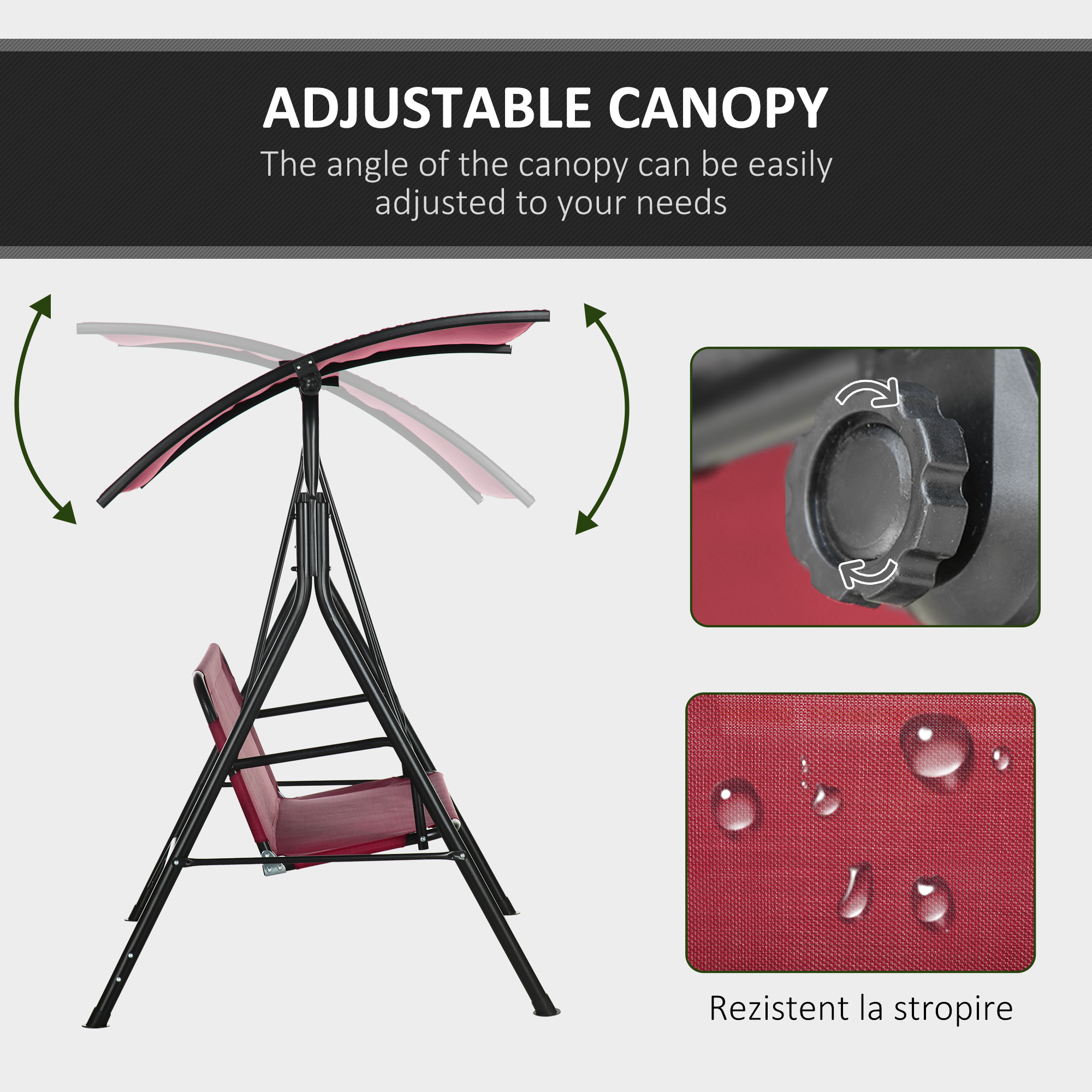 3-Seater Outdoor Porch Swing with Adjustable Canopy, Patio Swing Chair for Garden, Poolside, Backyard, Wine Red - Image 2