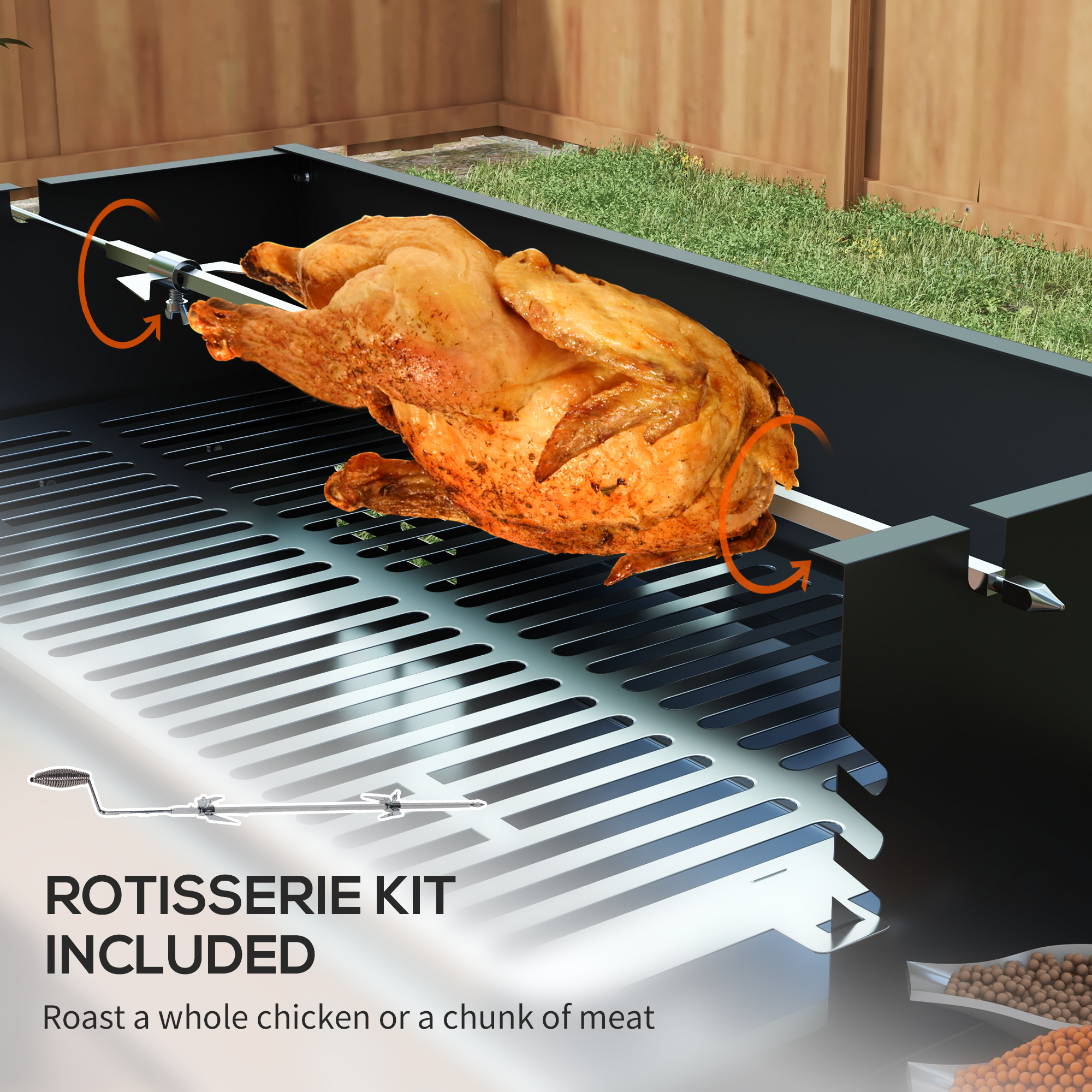 BBQ Rotisserie Grill Charcoal, Split Roaster for Chicken Turkey, 3-Level Grill Grate, Storage Shelves, Stainless Steel - Image 2