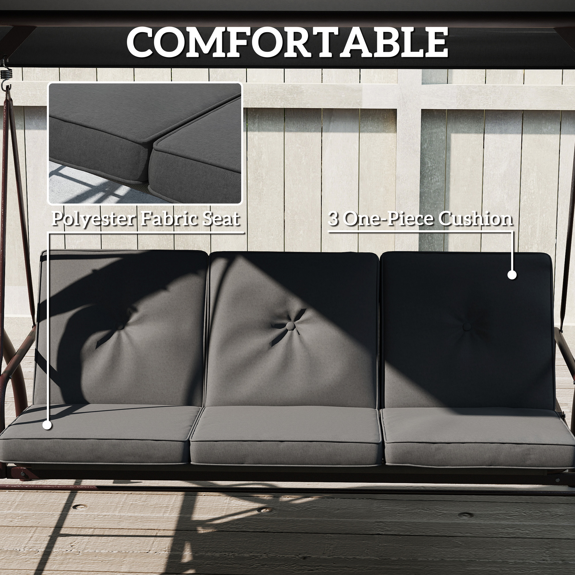 Convertible Patio Swing Bed with Canopy and Cushions, 3 Seater Porch Swing for Outdoor, Backyard, Garden, Dark Grey - Image 5