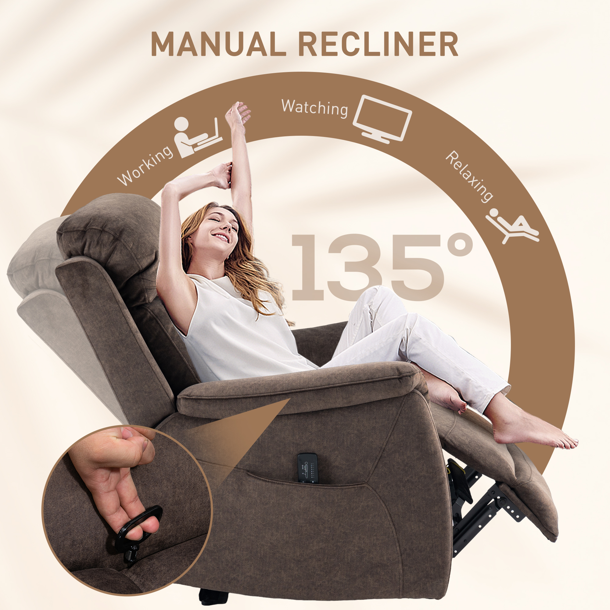 Manual Recliner Chair with Vibration Massage, Reclining Chair for Living Room with Side Pockets, Brown - Image 3