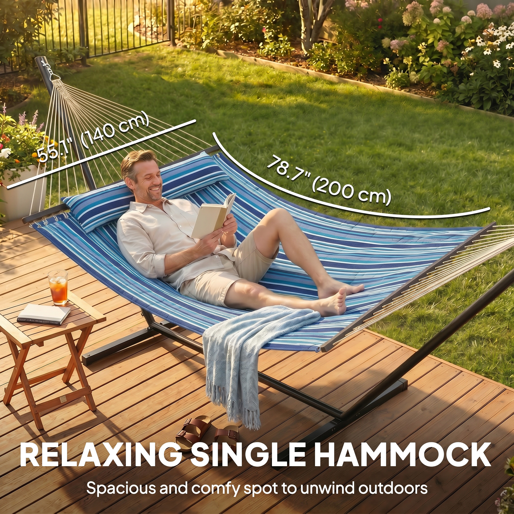 Hammock with Stand Heavy Duty Camping Hammock with Steel Frame for Patio Backyard Blue and White - Image 2