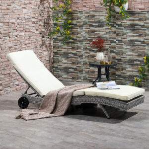 Outdoor Adjustable Wicker Chaise Lounge Chair with Cushion & Wheels for Patio, Deck, Poolside, Cream White